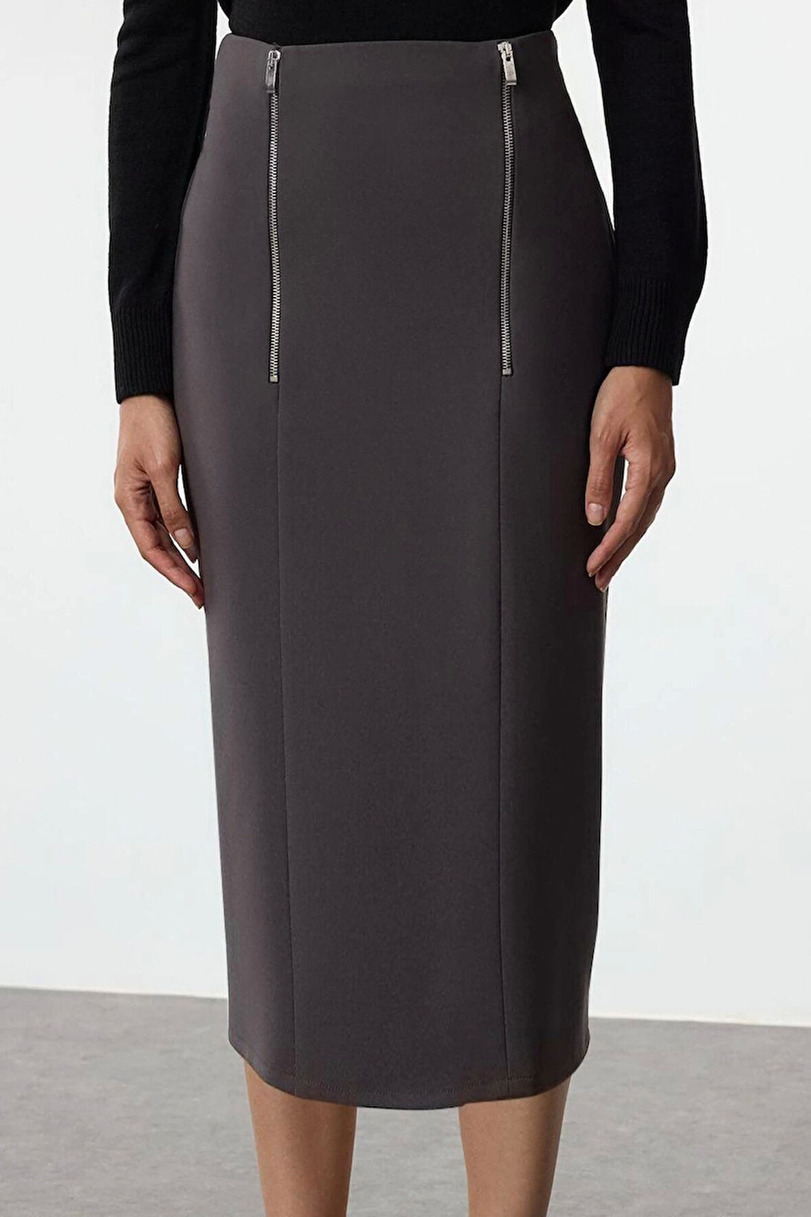 Kadın Moda Stil Midi Astarsız Dokuma Önden Fermuar Detaylı Midi Boy Etek