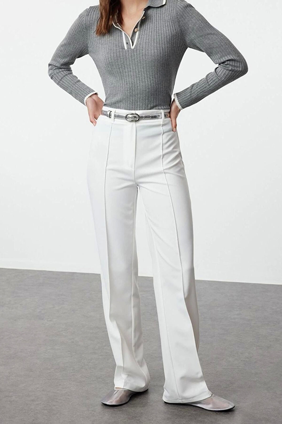 Kadın Yeni Moda Boru Paça Uzun Boy Dokuma Düz Kesim Yüksek Bel Nervür Dikişli Pantolon