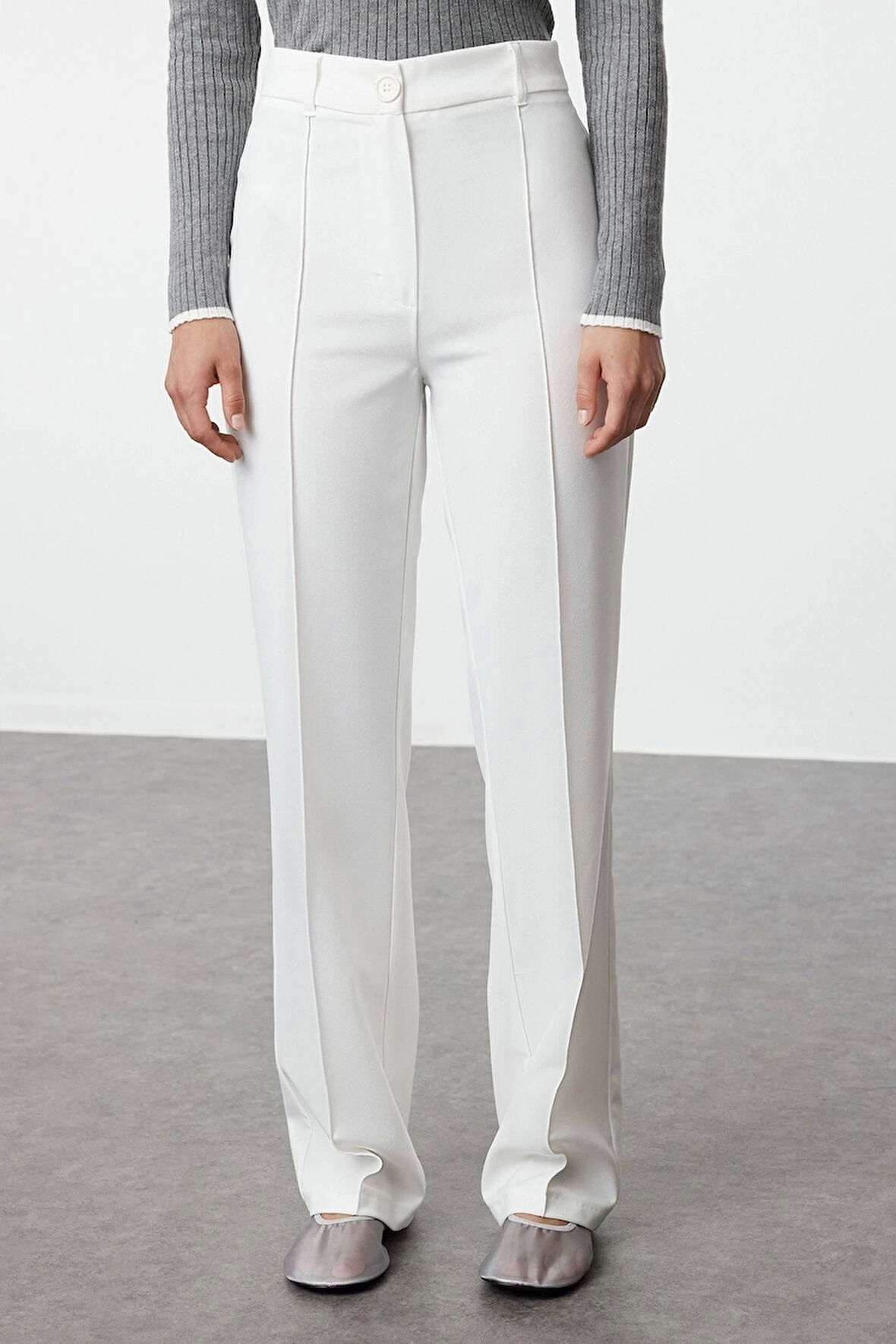 Kadın Yeni Moda Boru Paça Uzun Boy Dokuma Düz Kesim Yüksek Bel Nervür Dikişli Pantolon