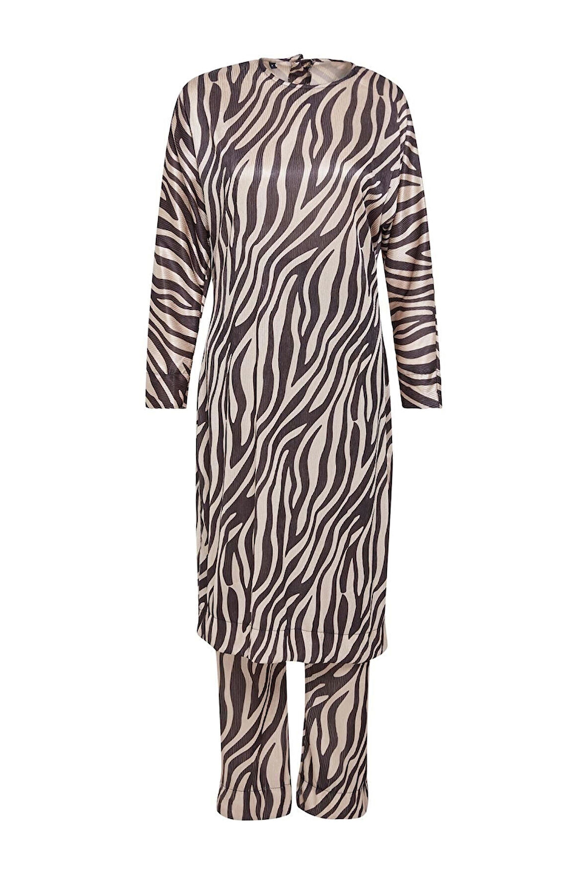 Kadın Moda Şık Geniş Paça Uzun Kollu Krinkle Örme Animal Zebra Desenli Uzun Tunik Alt-Üst Takım
