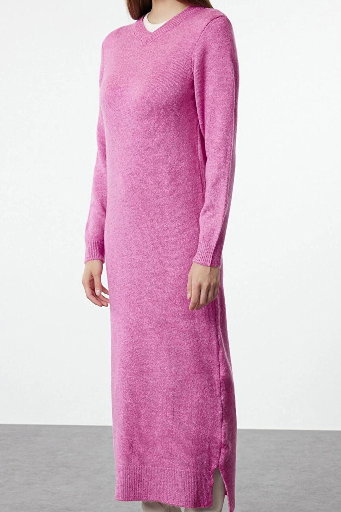 Kadın Moda Şık Tesettür Maxi Boy V Yaka Oversize Yumuşak Dokulu Triko Elbise