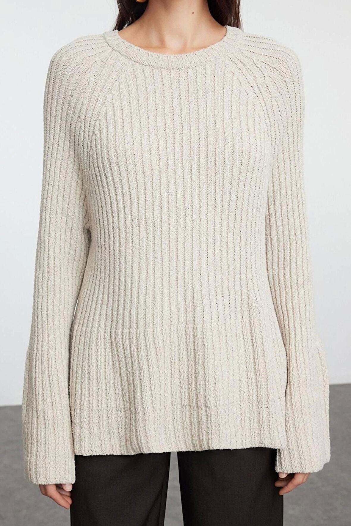 Kadın Moda Şık Bisiklet Yaka Standart Kol Regular Geniş Kalıp Peplum Detaylı Triko Kazak