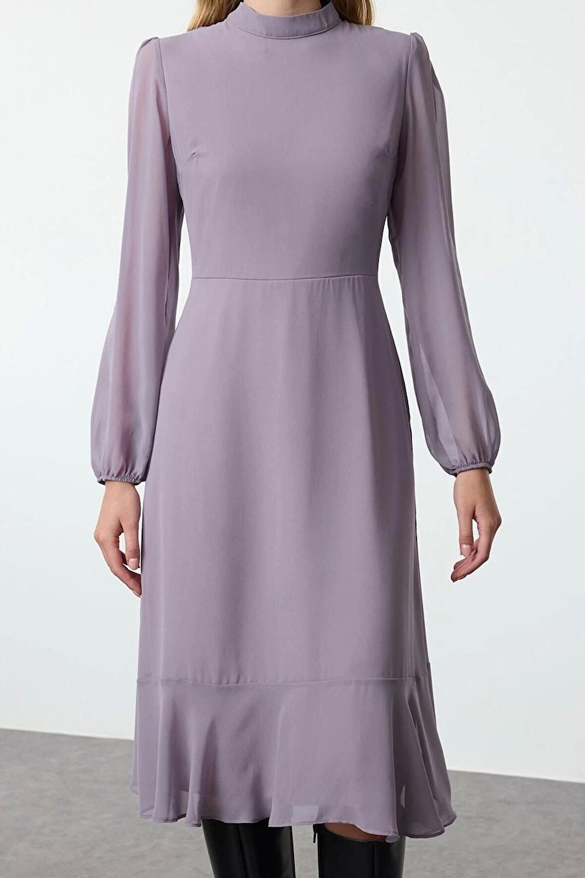 Kadın Moda Şık Midi Boy Dik Yaka Regular Pembe001 Düz Dokuma Kışlık Elbise