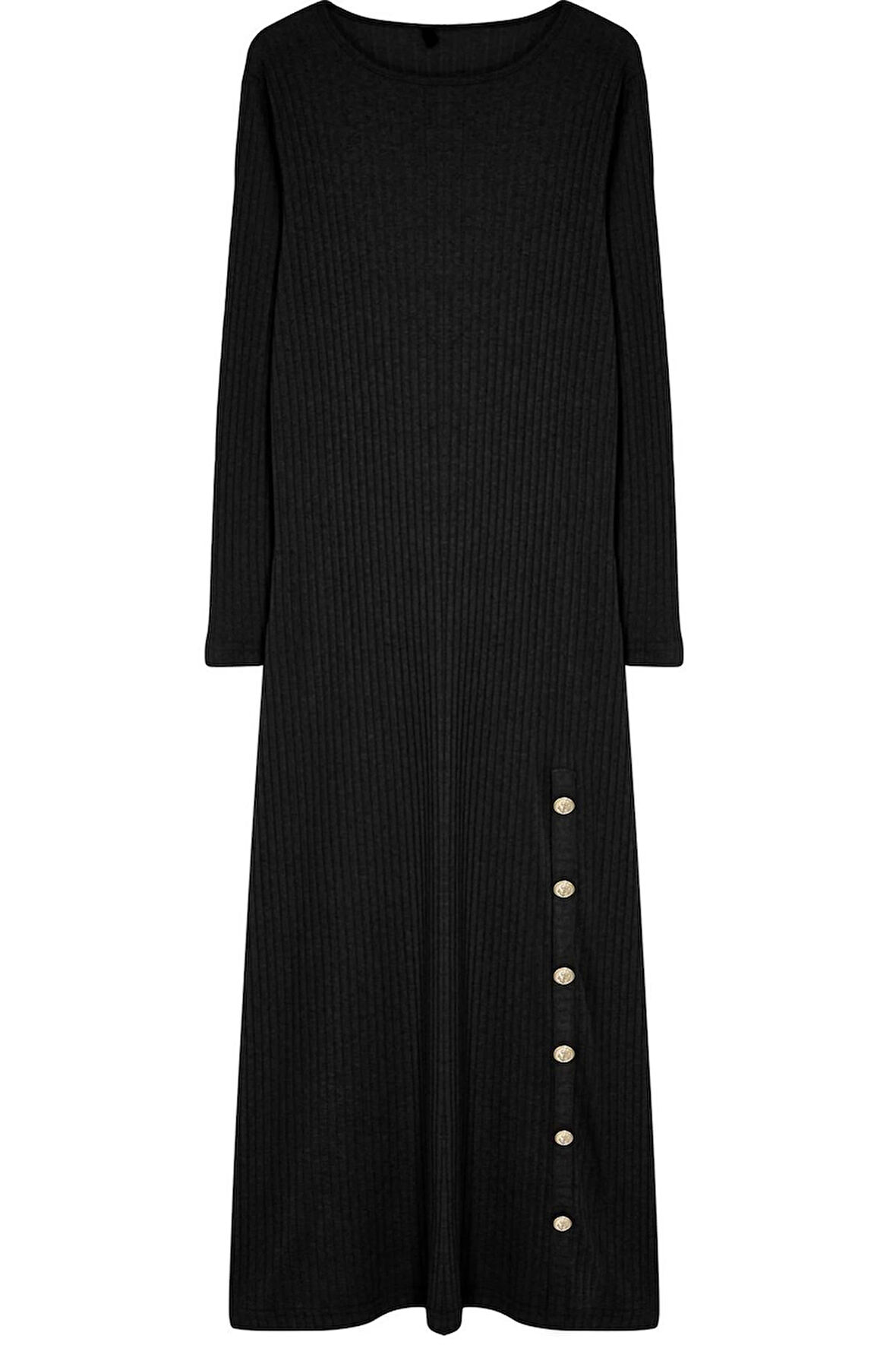 Kadın Moda Şık Tesettür Maxi Boy Bisiklet Yaka Fitted Düğme Detaylı Fitilli Örme Elbise