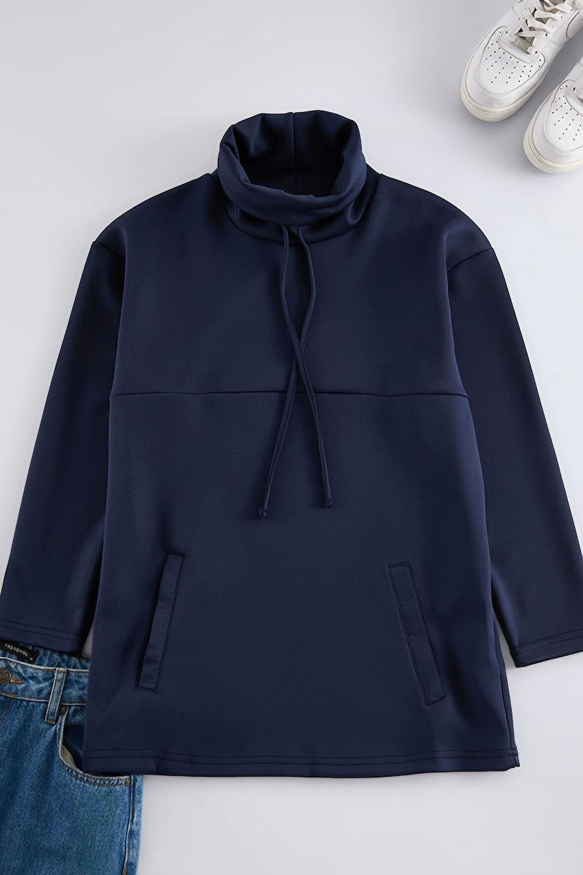 Kadın Tesettür Moda Şık Regular Yarım Balıkçı Yaka Düşük Kol Uzun Balıkçı Yaka Örme Scuba Sweatshirt