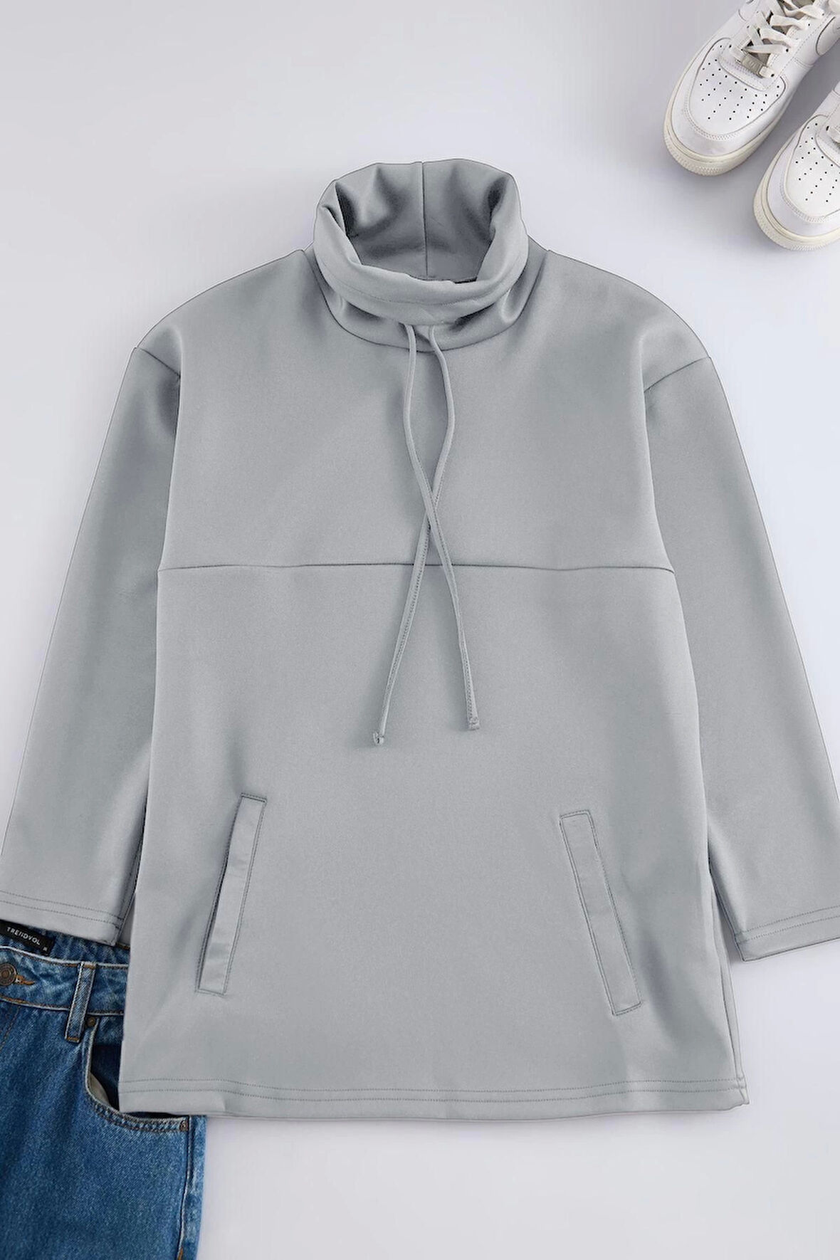 Kadın Tesettür Moda Şık Regular Yarım Balıkçı Yaka Düşük Kol Uzun Balıkçı Yaka Örme Scuba Sweatshirt