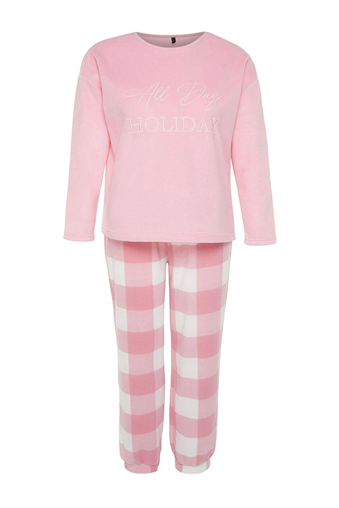 Kadın Büyük Beden Dar Paça Uzun Kol Nakış Detaylı Ekose Kareli Polar Örme Pijama Takımı
