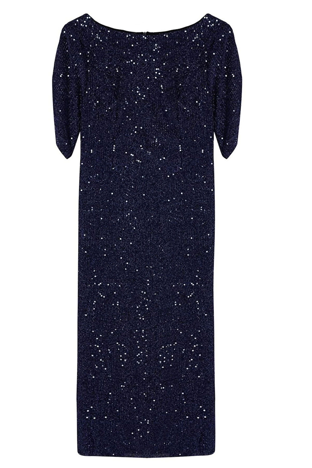 Kadın Moda Şık Midi Boy Kayık Yaka Fitted Vücuda Oturan Parıltılı Örme Payet Şık Abiye Elbise