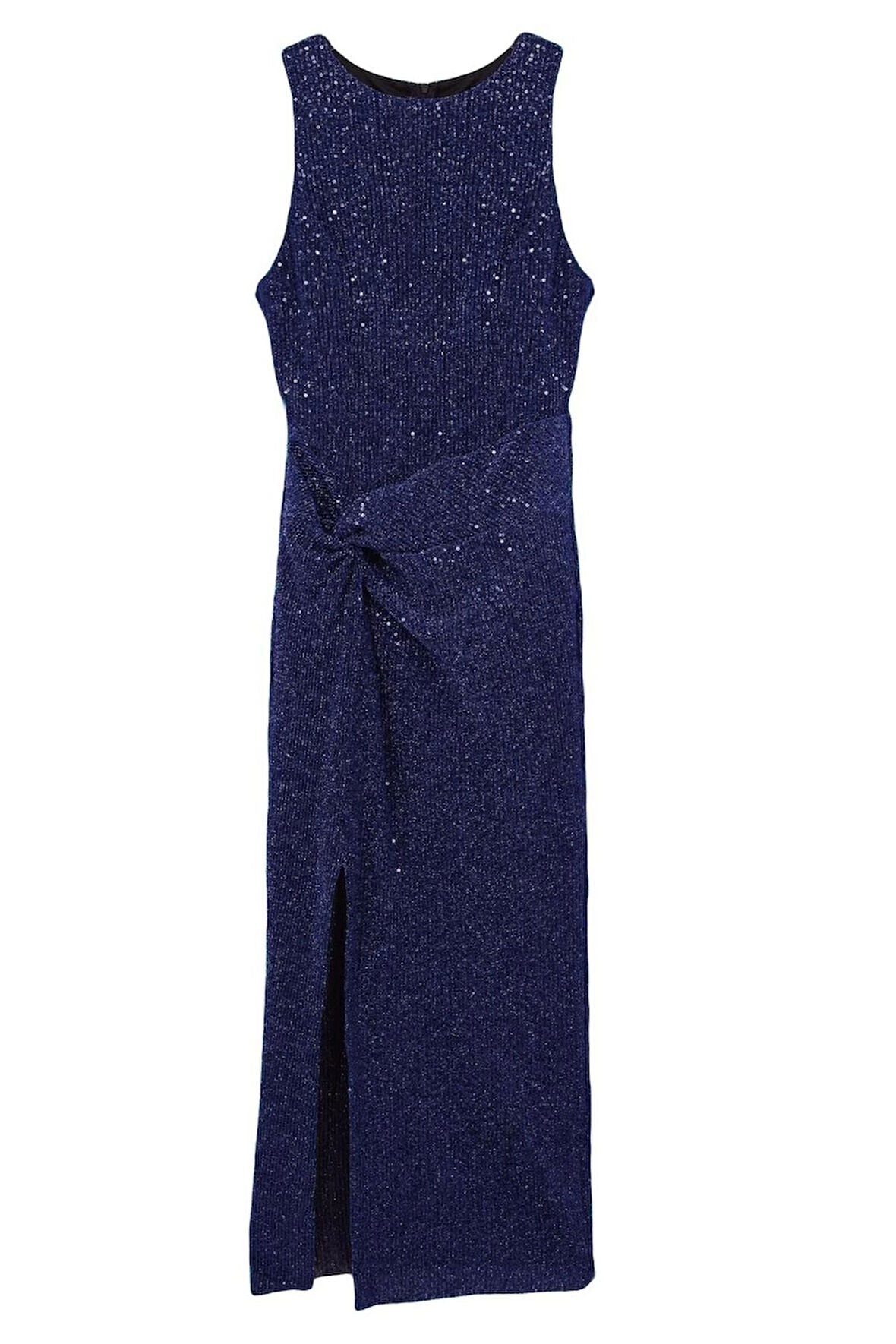 Kadın Moda Şık Midi Boy Halter Yaka Fitted Vücuda Oturan Örme Parıltılı Pul Payet Şık Abiye Elbise