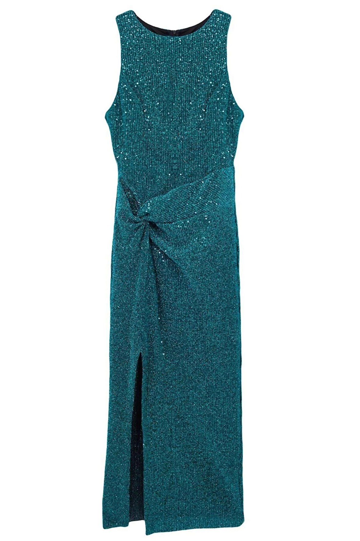 Kadın Moda Şık Midi Boy Halter Yaka Fitted Vücuda Oturan Örme Parıltılı Pul Payet Şık Abiye Elbise