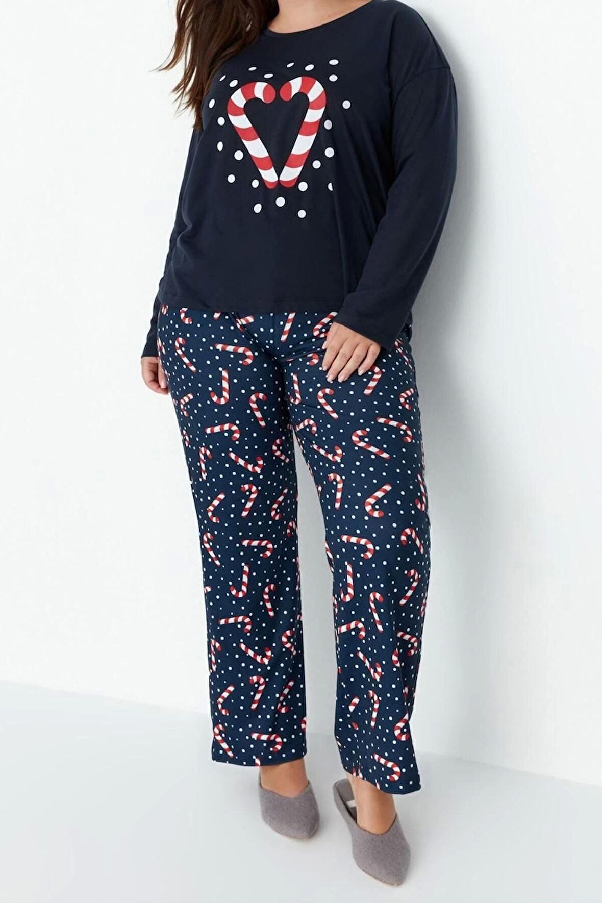 Büyük Beden Kadın Polyester Bisiklet Yaka Uzun Kol Yılbaşı Temalı Örme Pijama Takımı