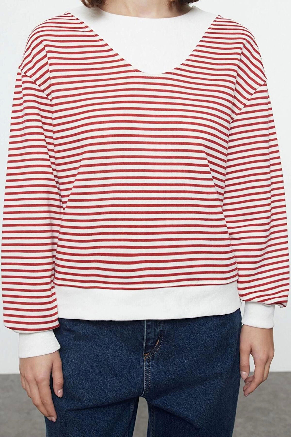 Kadın Moda Şık Bol Bisiklet Yaka Düşük Kol Uzun Çizgili Geniş Kalıp Yaka Kalın Örme Sweatshirt