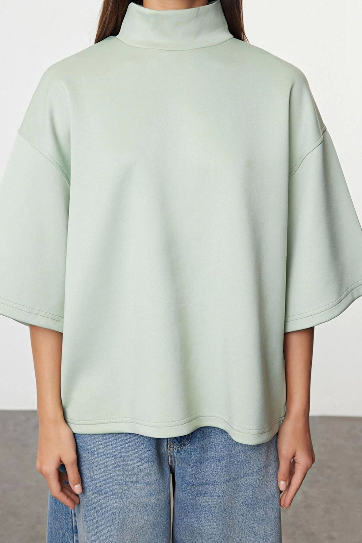 Kadın Moda Şık Oversize Dik Yaka Düşük Kol Uzun Geniş Kalıp Truvakar Kol Örme Sweatshirt