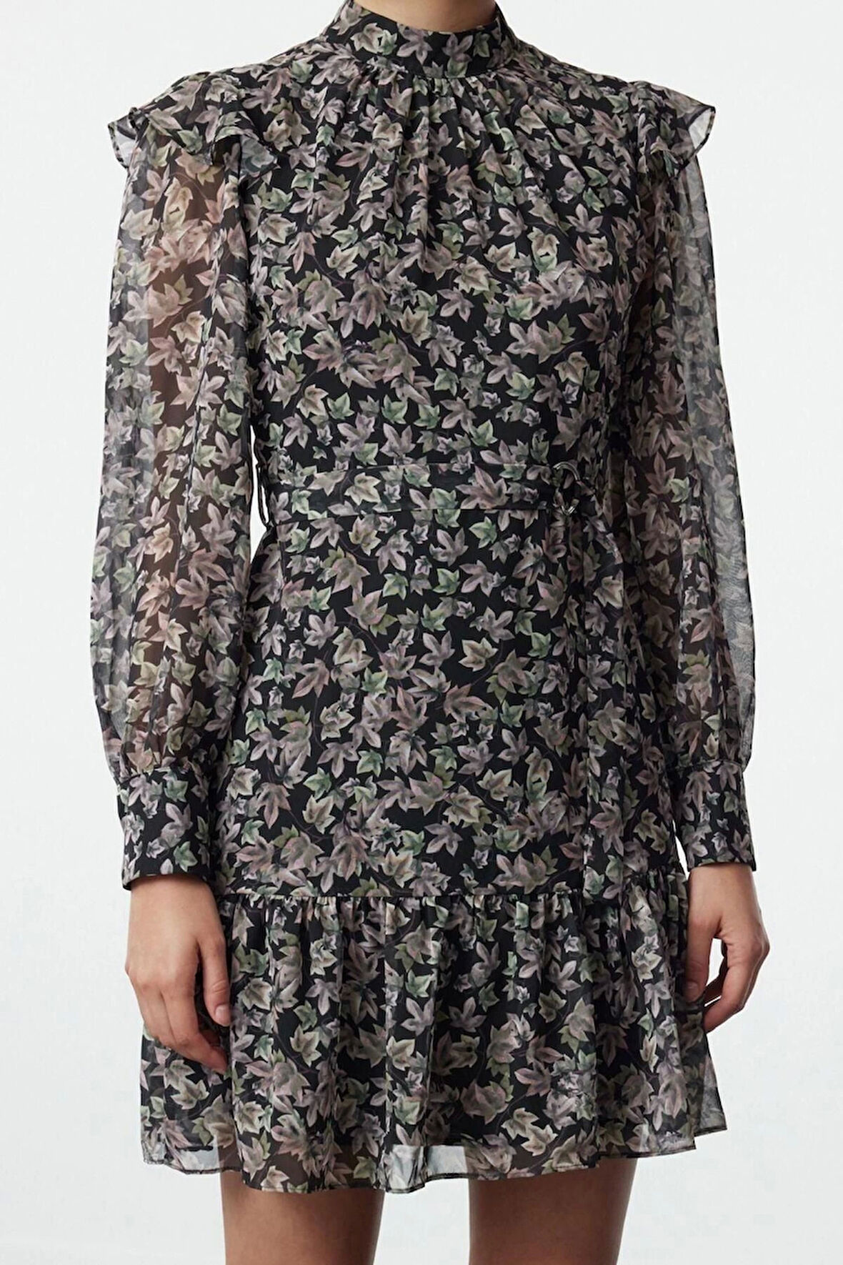 Kadın Moda Şık Mini Boy Dik Yaka Regular Geometrik Dokuma Kışlık Elbise