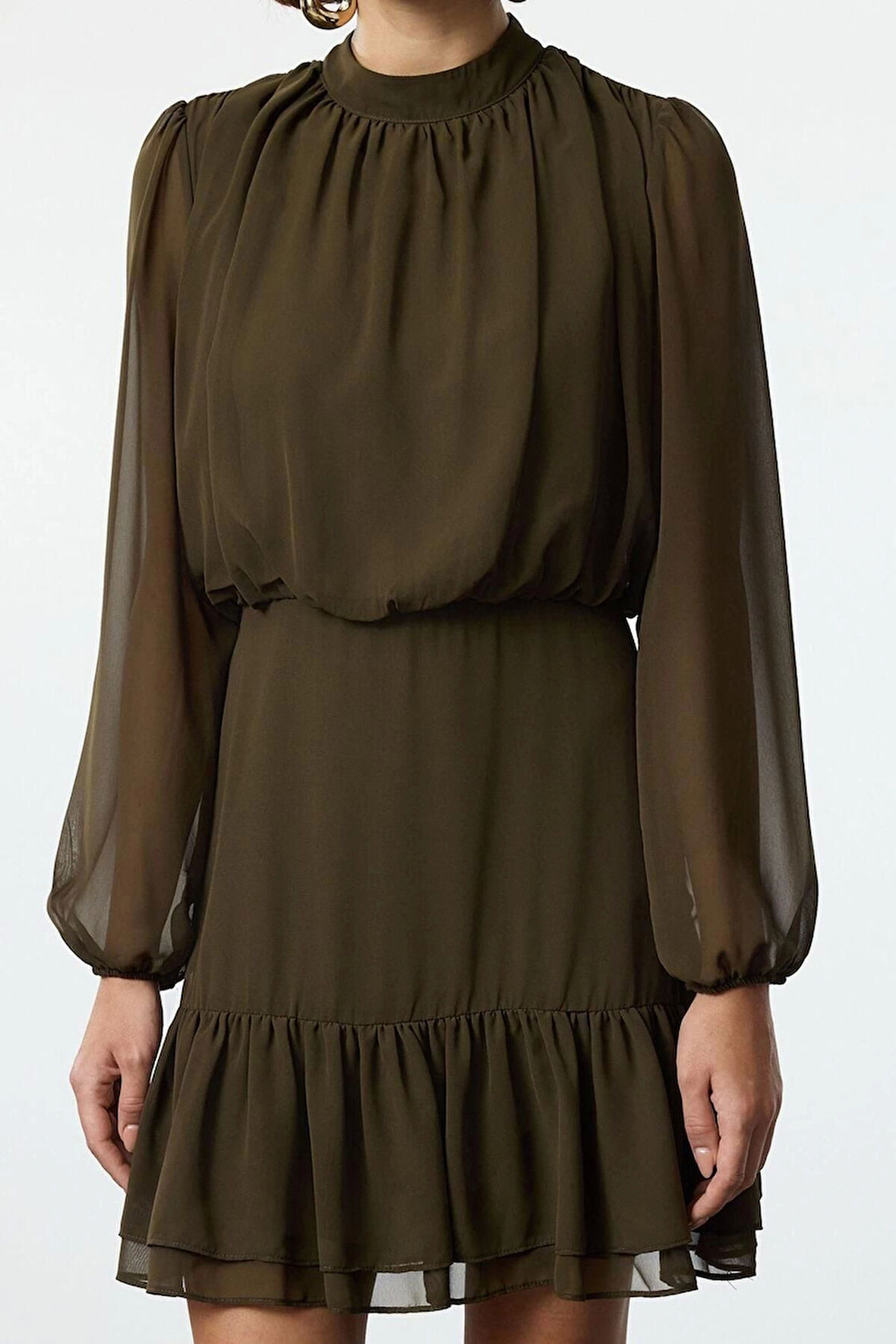 Kadın Moda Şık Mini Boy Dik Yaka Regular Eteği Volanlı Şifon Dokuma Kışlık Elbise