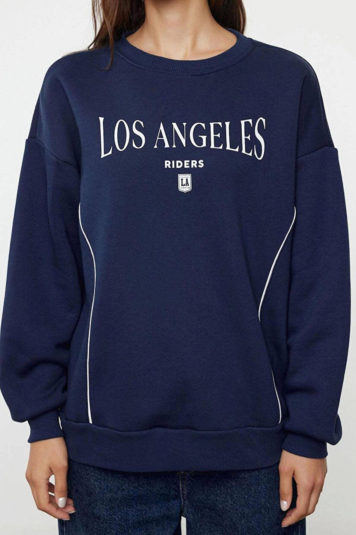 Kadın Bol Bisiklet Yaka Düşük Kol Uzun Slogan Baskılı Geniş Kalıp Kalın İçi Polarlı Örme Sweatshirt