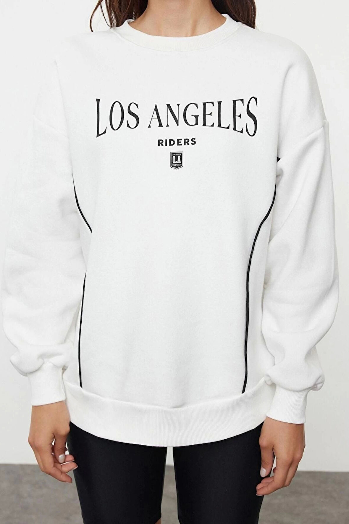 Kadın Bol Bisiklet Yaka Düşük Kol Uzun Slogan Baskılı Geniş Kalıp Kalın İçi Polarlı Örme Sweatshirt