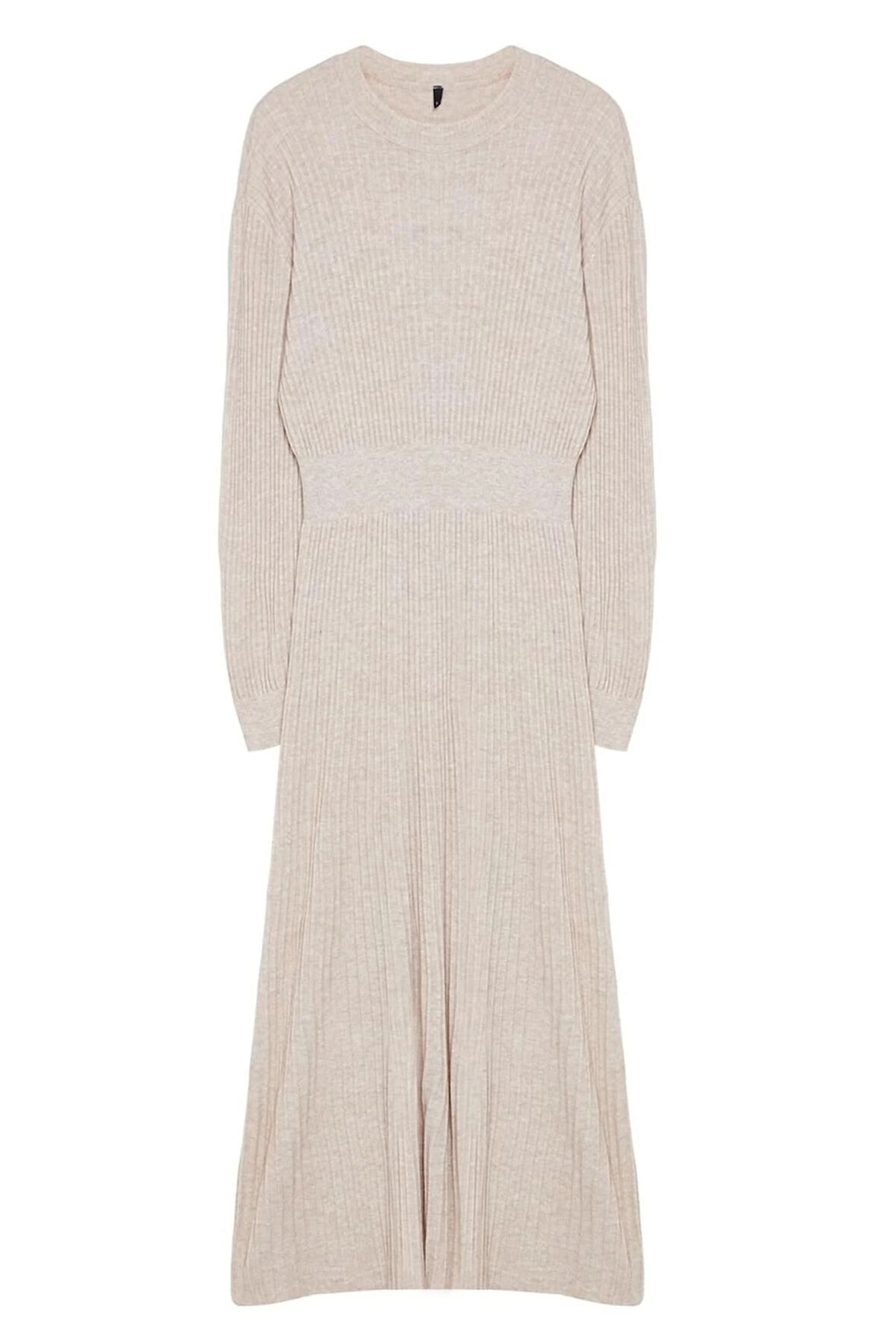 Kadın Moda Şık Tesettür Uzun Bisiklet Yaka Fitted Piliseli Triko Elbise