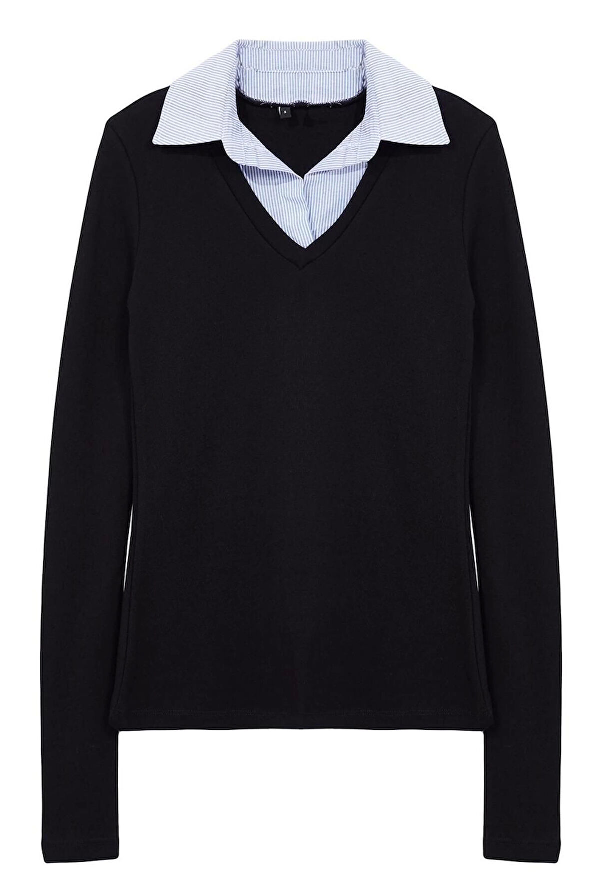 Kadın Moda Şık Uzun Polo Yaka Regular Kalıp Örme Dokuma Detaylı Gömlek Yaka Normal Kalıp Bluz