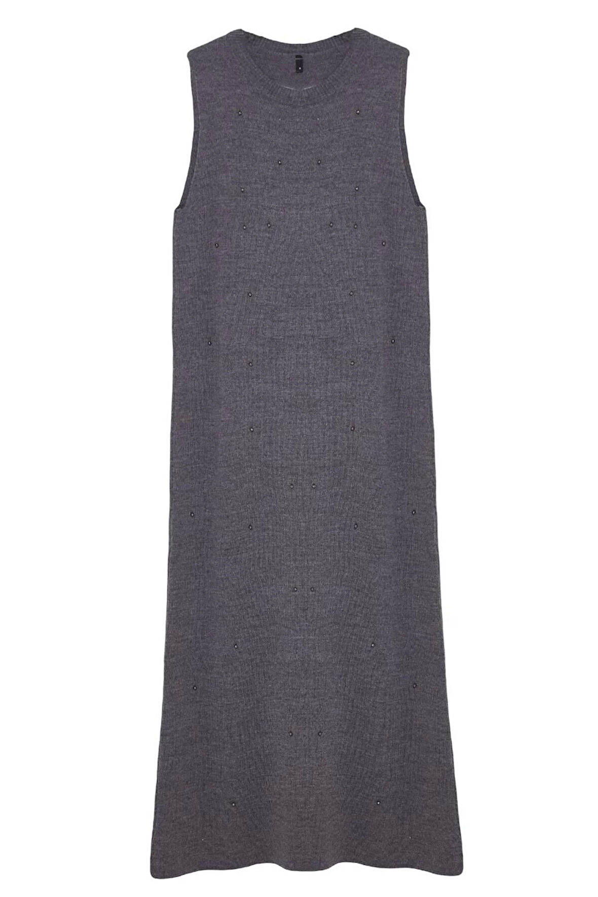 Kadın Moda Şık Tesettür Uzun Bisiklet Yaka Regular İncili Triko Elbise