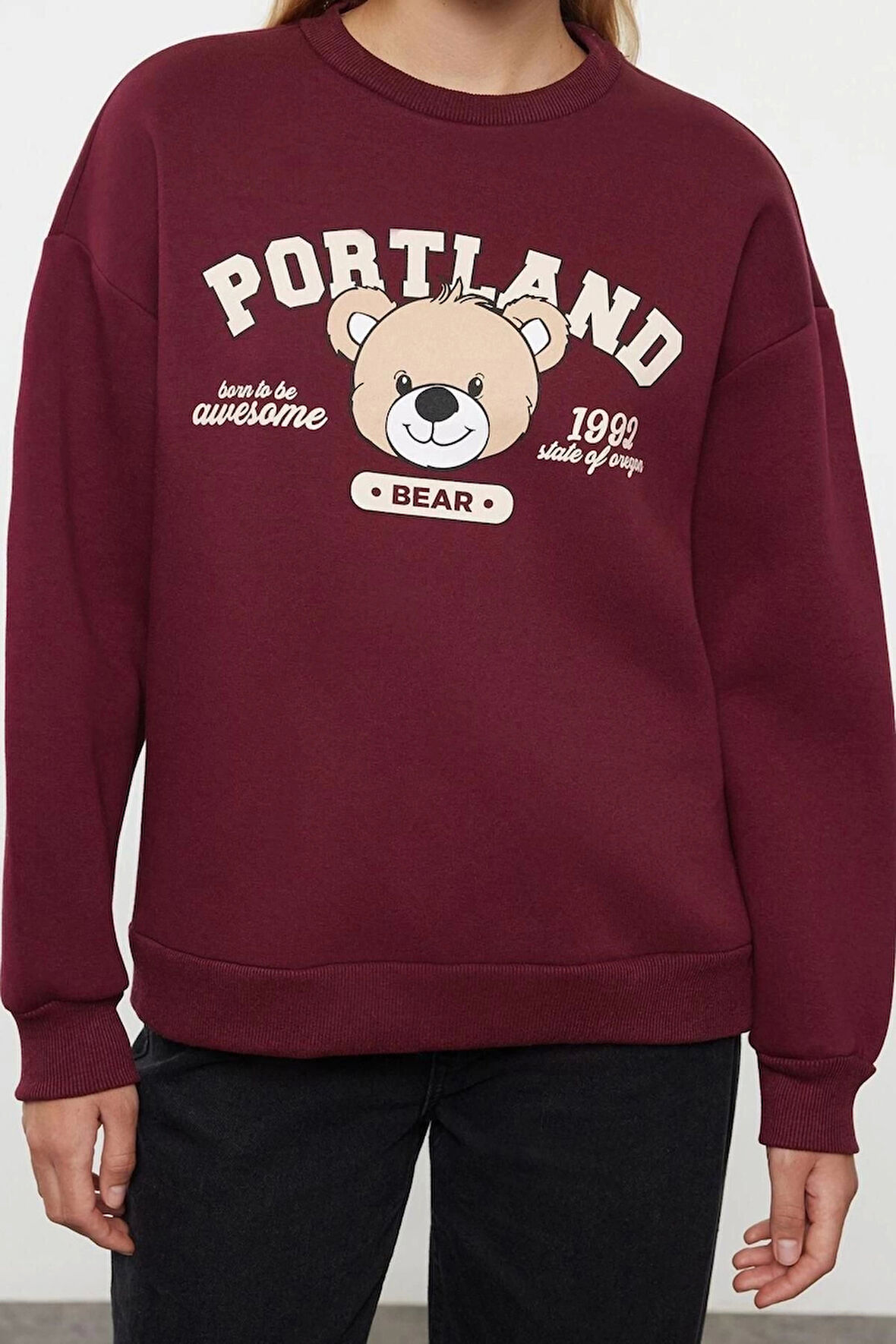 Kadın Moda Şık Bol Bisiklet Yaka Düşük Kol Uzun Baskılı Geniş Kalıp Kalın Örme Sweatshirt