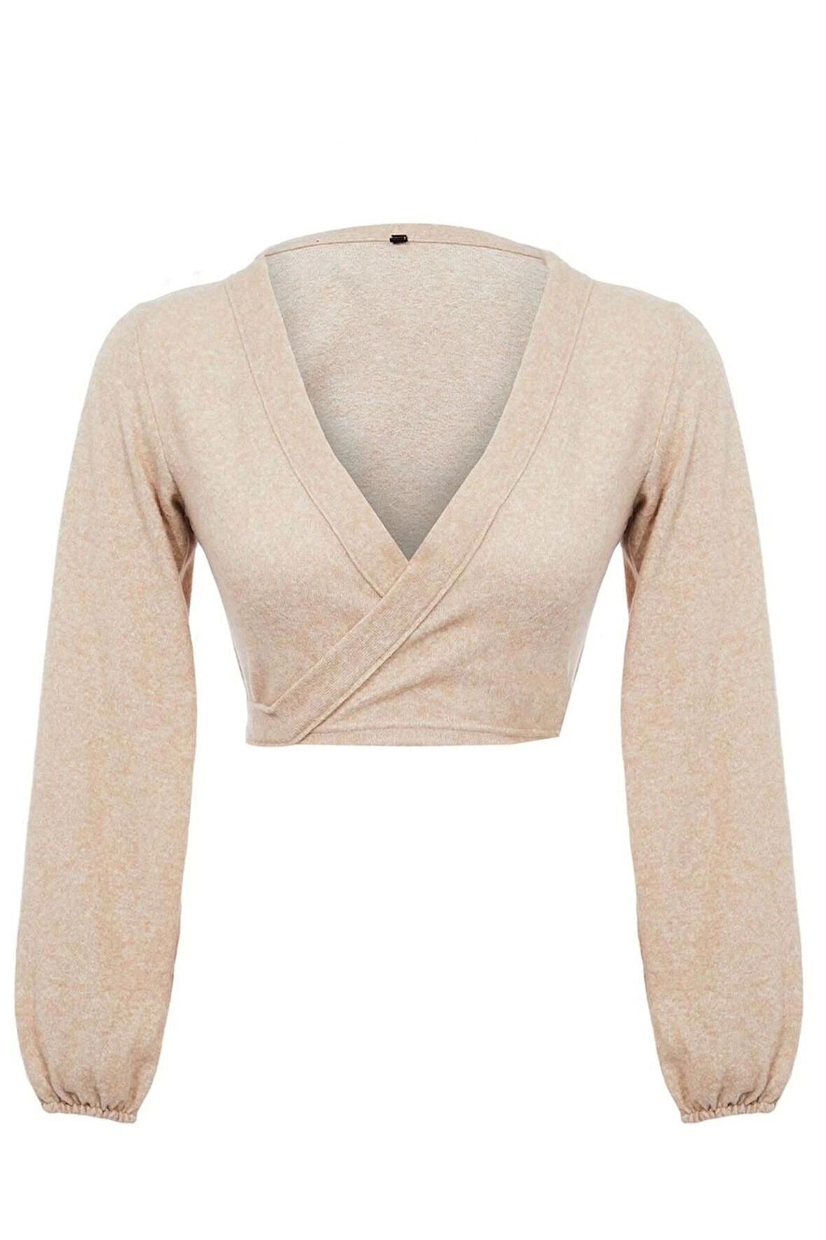 Kadın Moda Şık Regular Kruvaze Yaka İspanyol Kol Slim Kalıp Örme Yumoş Bağlama Detaylı Kollu Bluz