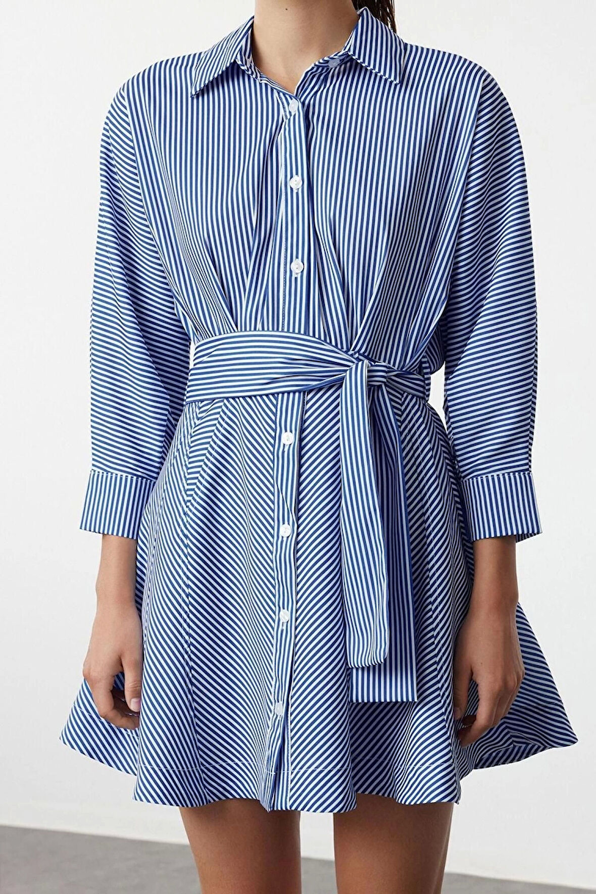 Kadın Moda Şık Mini Boy Gömlek Yaka Regular Kahverengi001 Çizgili Dokuma Elbise