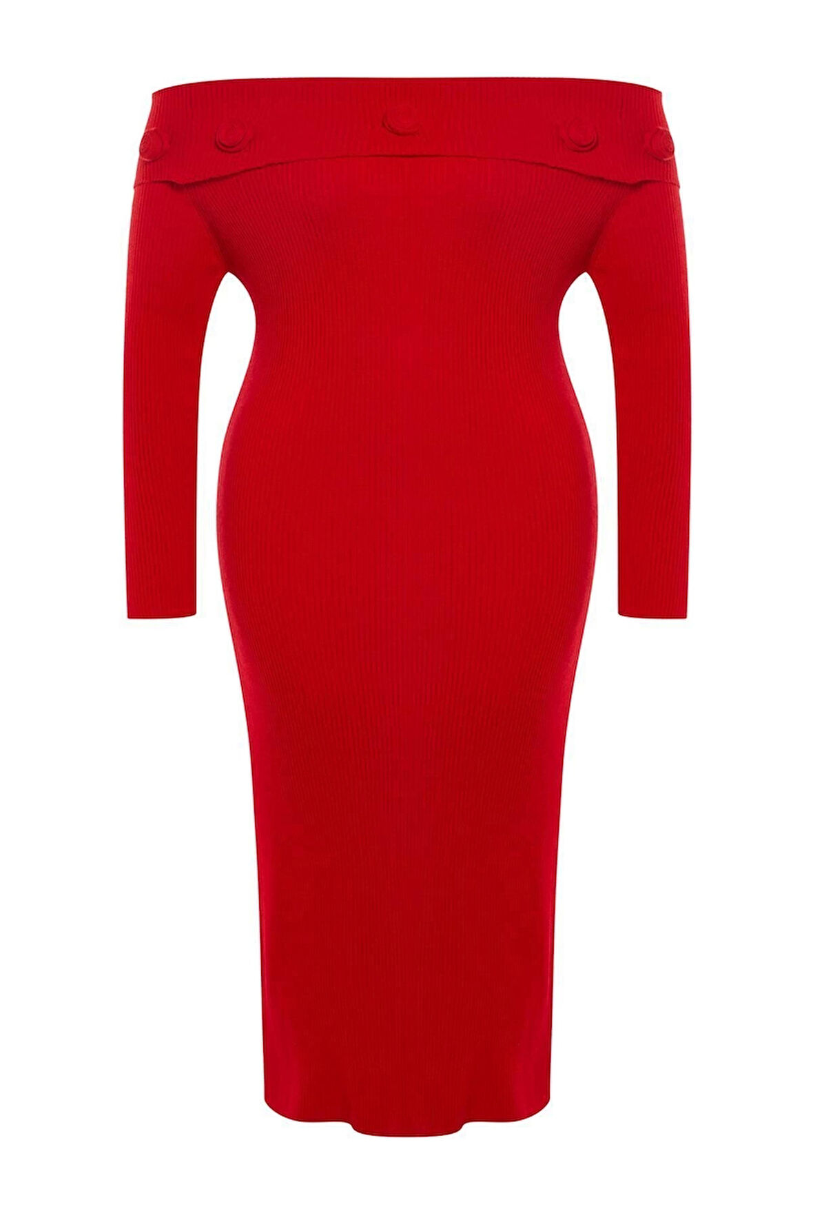 Kadın Moda Şık Büyük Beden Midi Boy Carmen Yaka Fitted Fitilli Gül Detaylı Triko Elbise