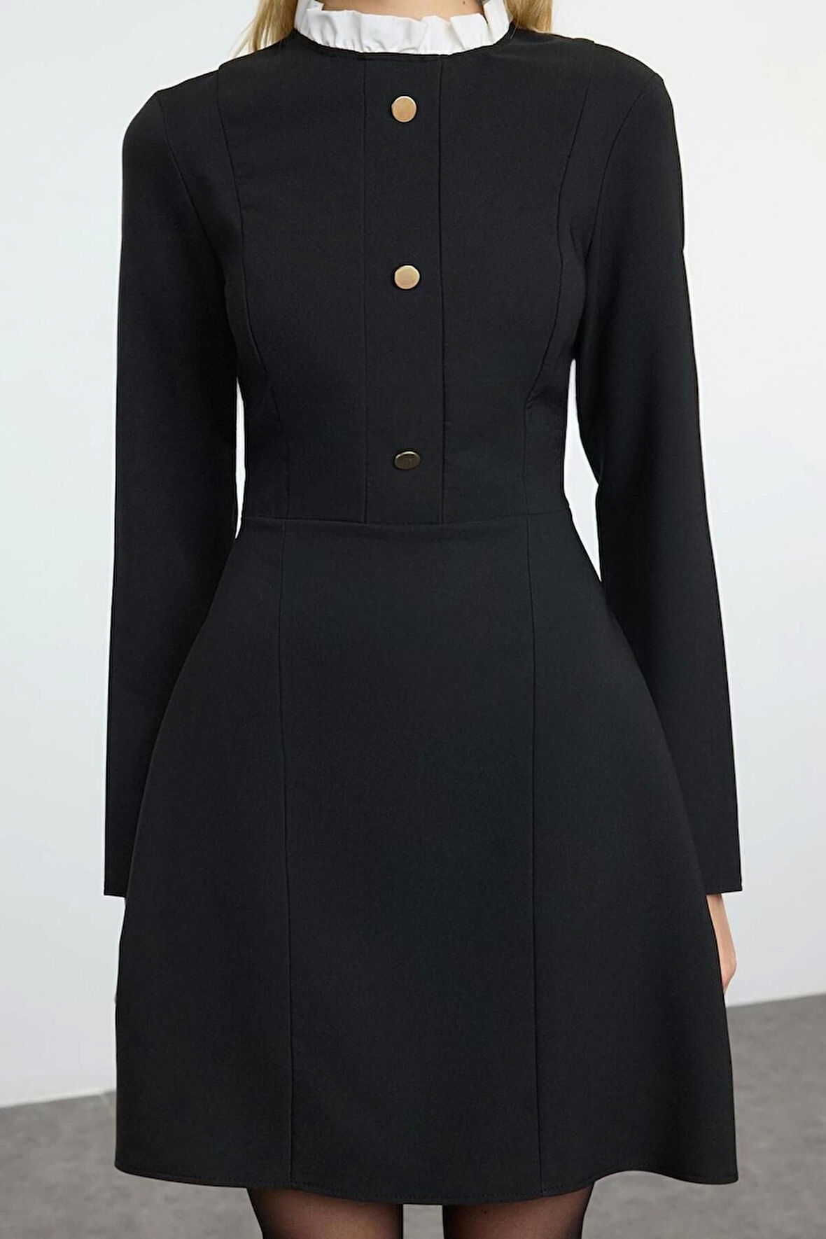 Kadın Moda Şık Mini Boy Dik Yaka Regular A Kesim Düğme Detaylı Dokuma Elbise