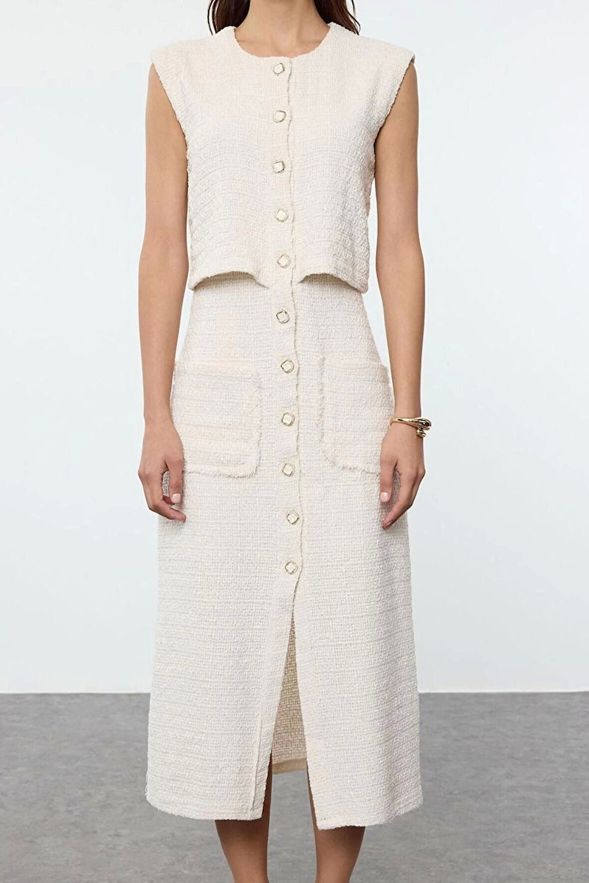 Kadın Moda Şık Midi Boy Bisiklet Yaka Regular Düğme Detaylı Dokuma Tüvit Ceket Elbise