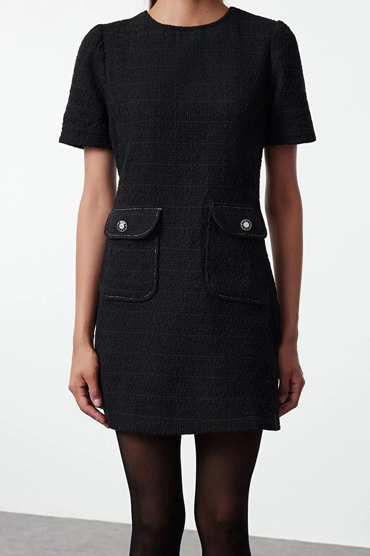 Kadın Moda Şık Mini Boy Bisiklet Yaka Regular A Kesim Cep Detaylı Dokuma Elbise