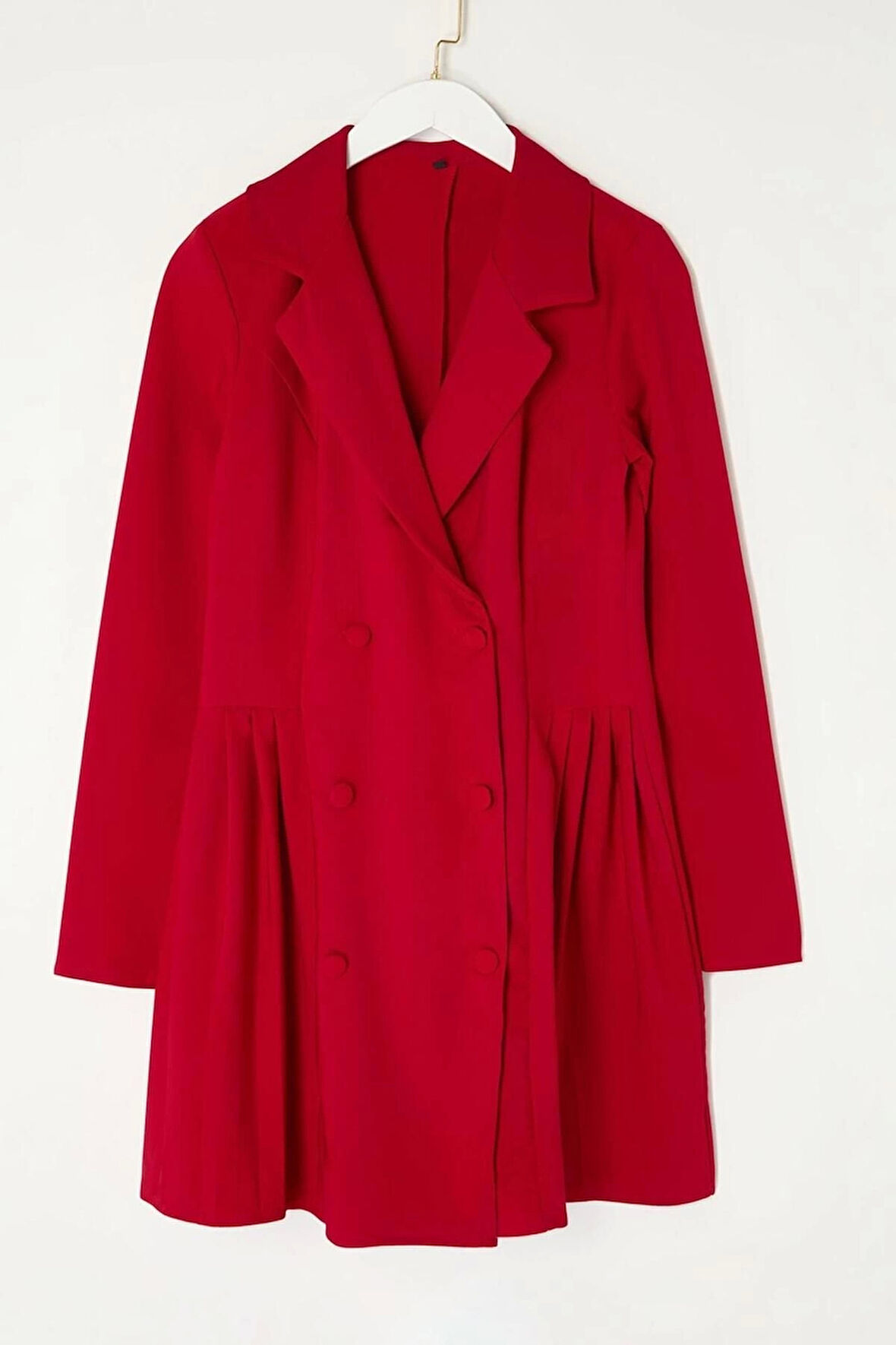 Kadın Moda Şık Mini Boy Ceket Yaka Regular Piliseli Dokuma Ceket Elbise