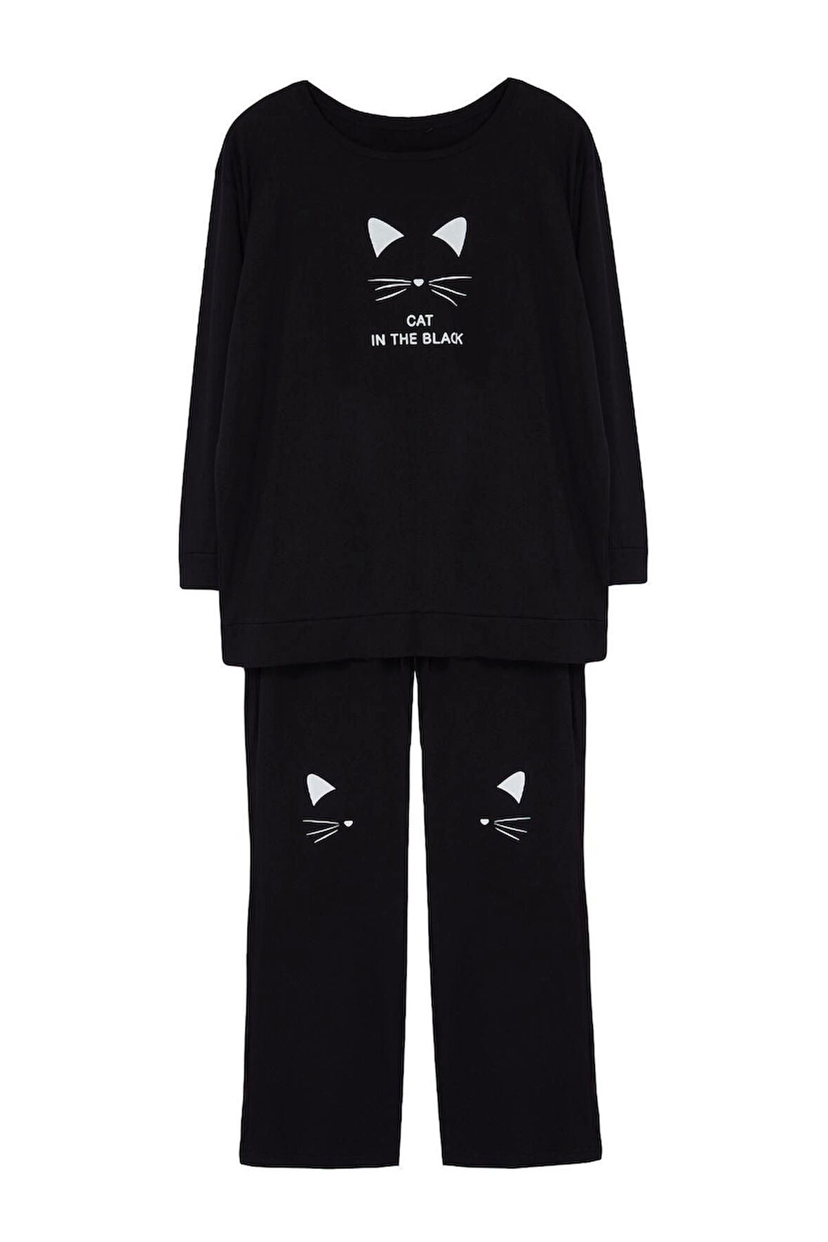 Büyük Beden Kadın Pamuklu Bisiklet Yaka Uzun Kol Kedi Baskılı 2 İplik Örme Pijama Takımı