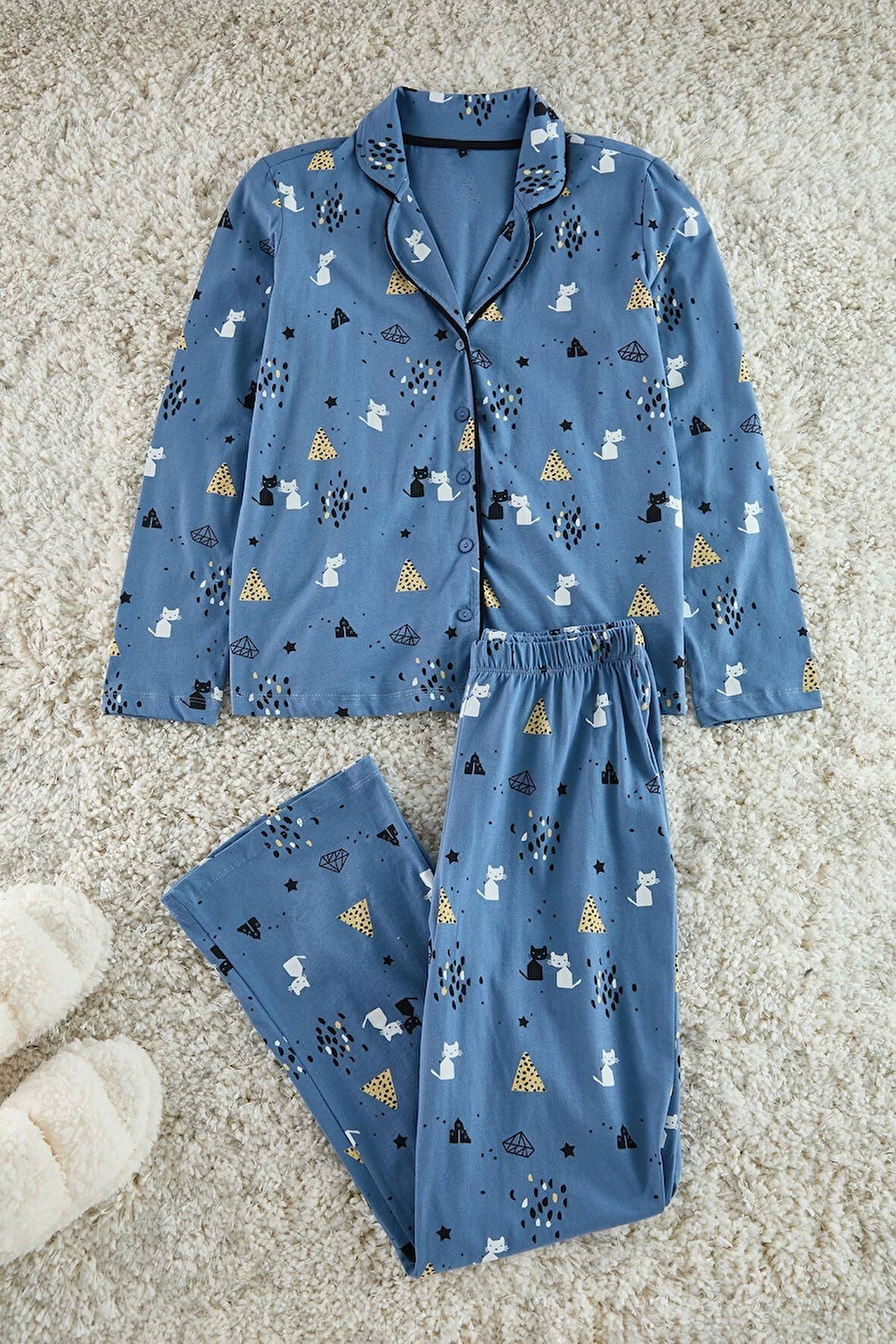 Kadın Moda Şık Gömlek Yaka Boru Paça Uzun Kol %100 Pamuklu Desenli Örme Pijama Takımı