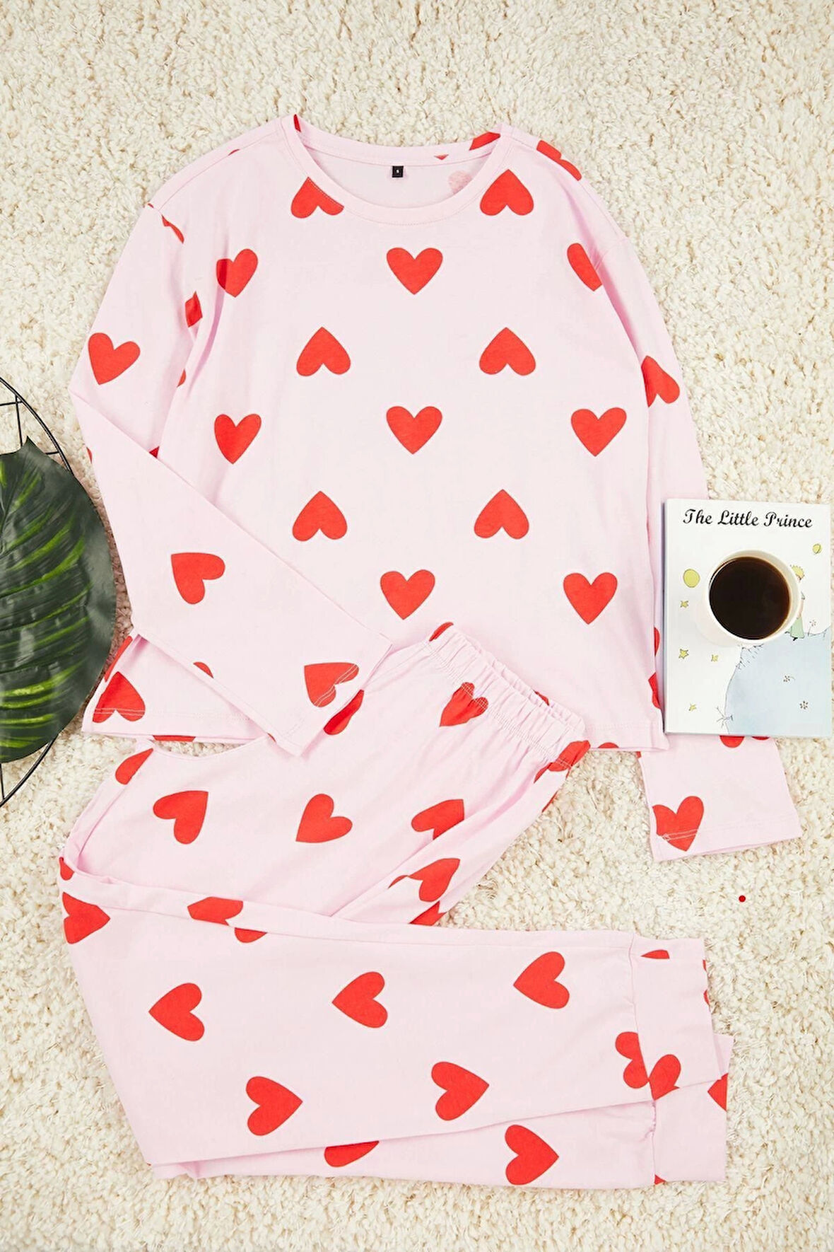 Kadın Moda Şık Bisiklet Yaka Boru Paça Uzun Kol %100 Pamuklu Kalpli Örme Pijama Takımı
