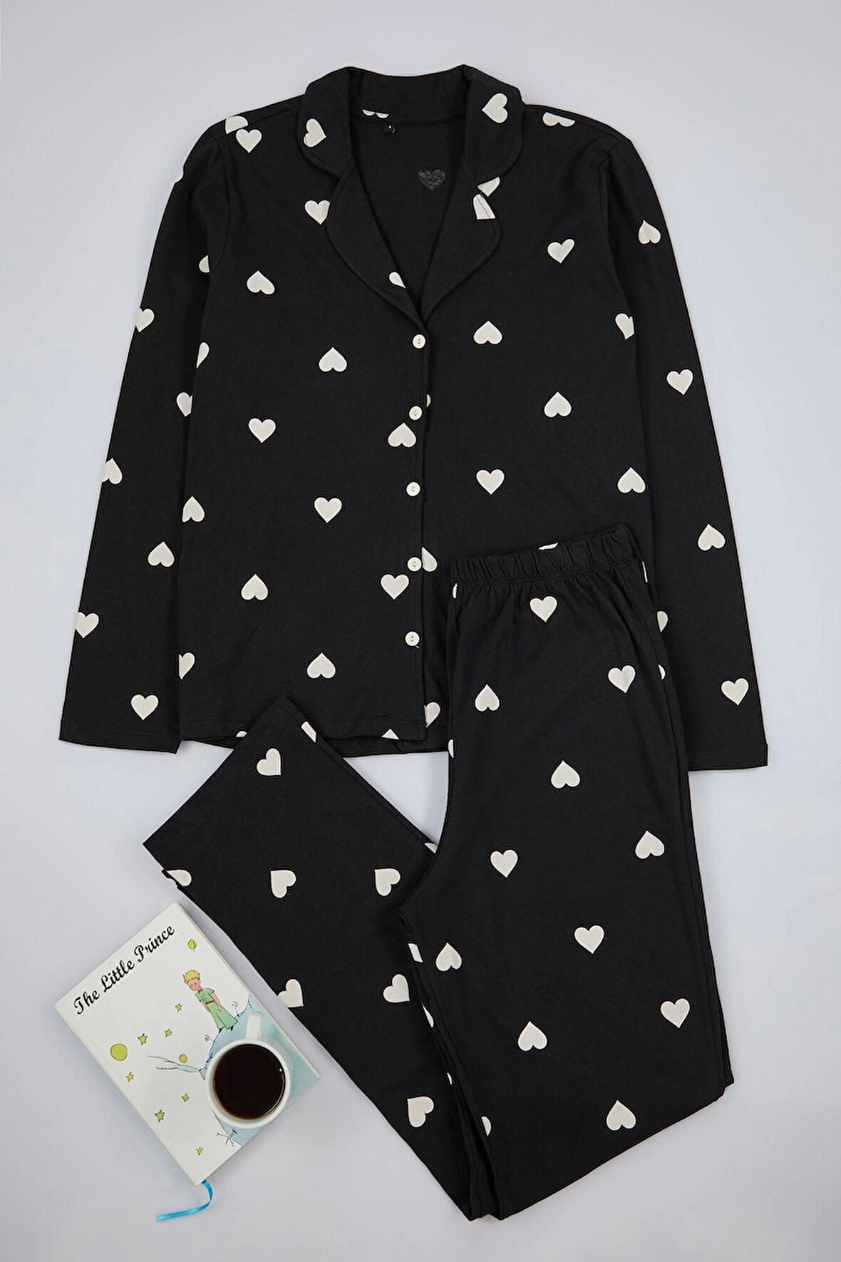 Kadın Moda Şık Ceket Yaka Boru Paça Uzun Kol %100 Pamuklu Kalp Desenli Örme Pijama Takımı