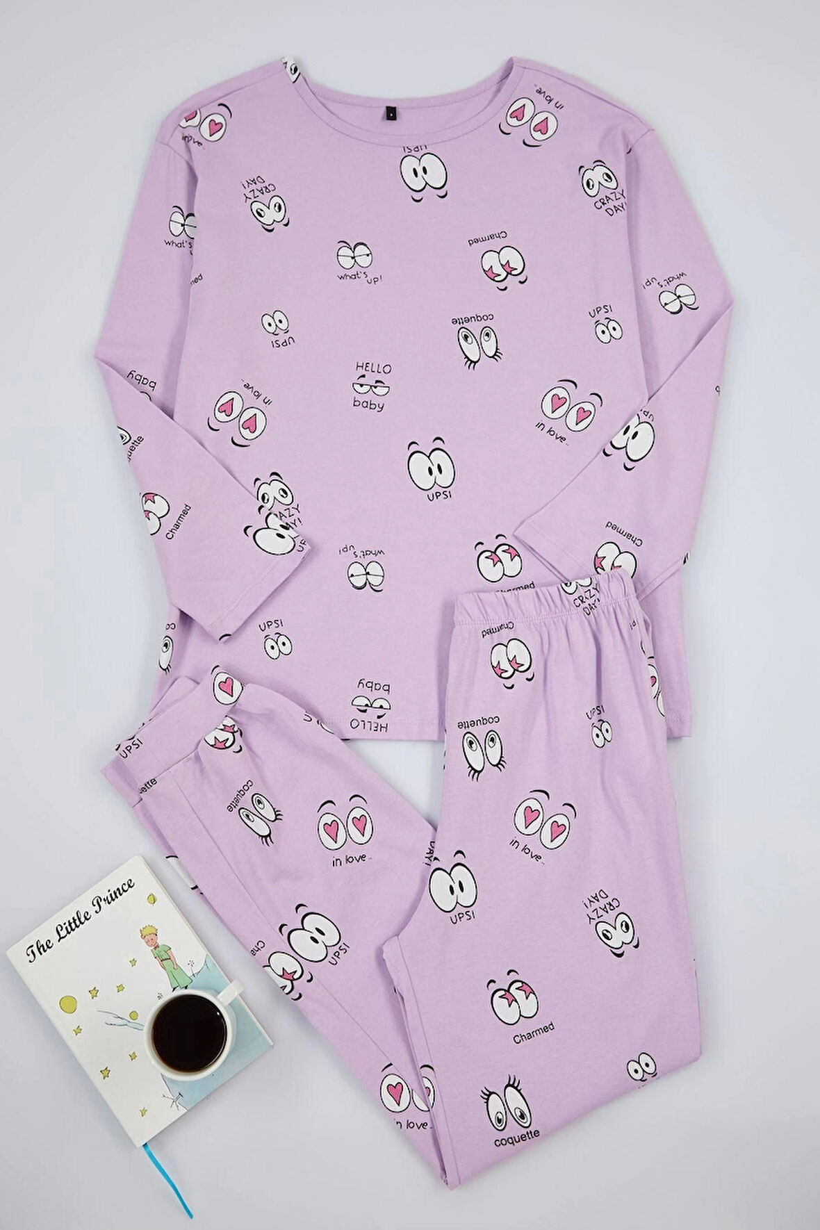 Kadın Moda Bisiklet Yaka Boru Paça Uzun Kol 100 Pamuk Göz Desenli T-shirt-Jogger Örme Pijama Takımı