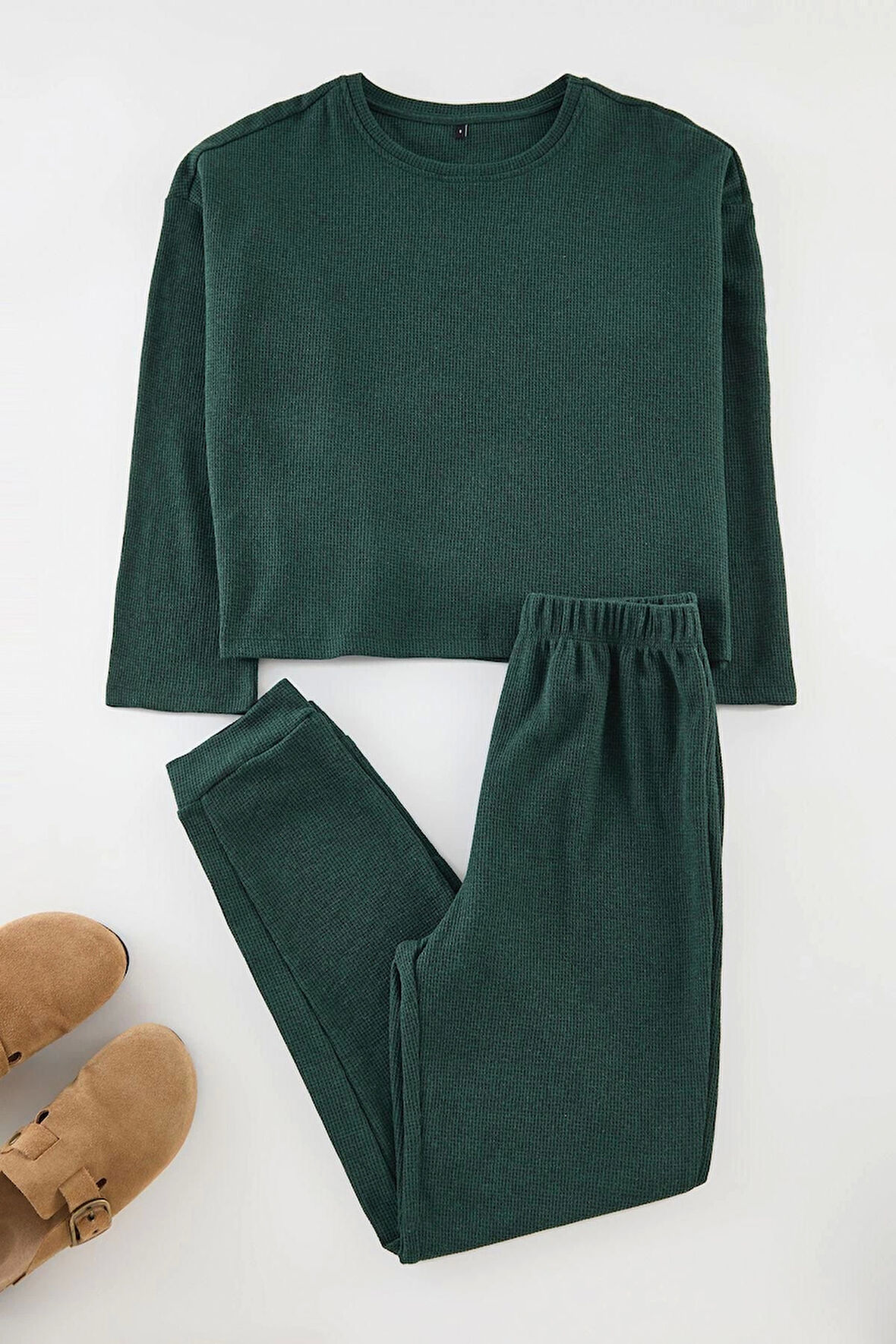 Kadın Moda Şık Bisiklet Yaka Boru Paça Uzun Kol Waffle Kumaş Örme Pijama Takımı