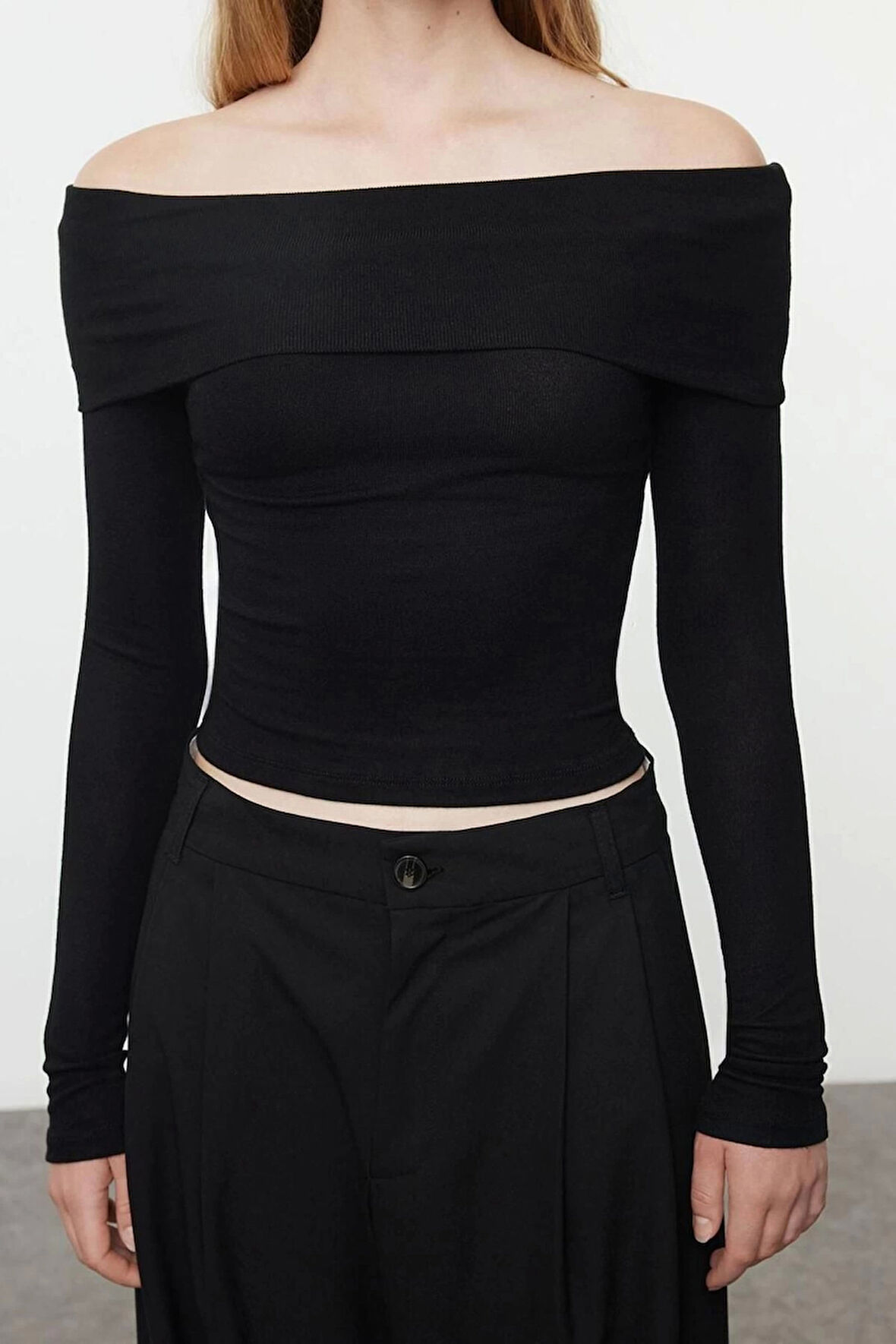 Kadın Moda Şık Üst Giyim Crop Carmen Yaka Slim Kalıp Örme Kısa Esnek Bluz