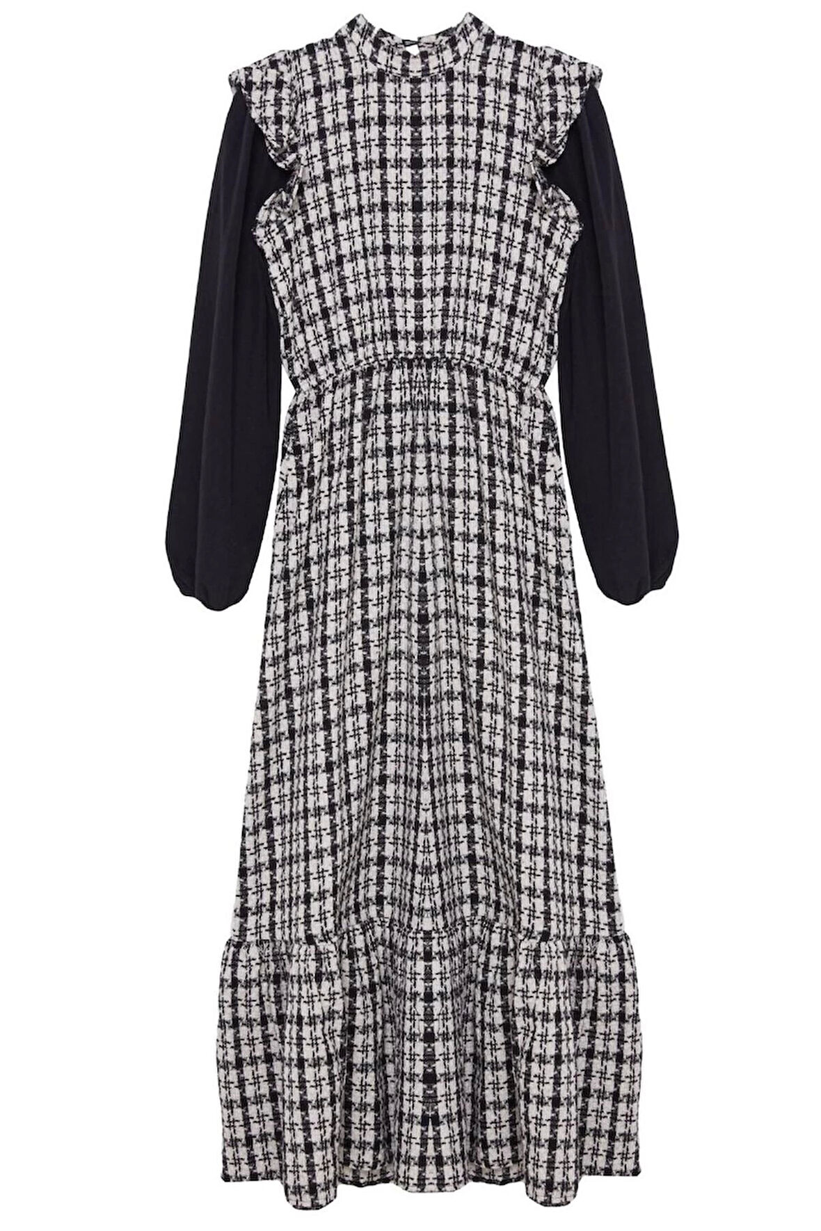 Kadın Moda Şık Tesettür Uzun Dik Yaka Regular Kolları Poplin Detaylı Dokuma Tüvit Elbise