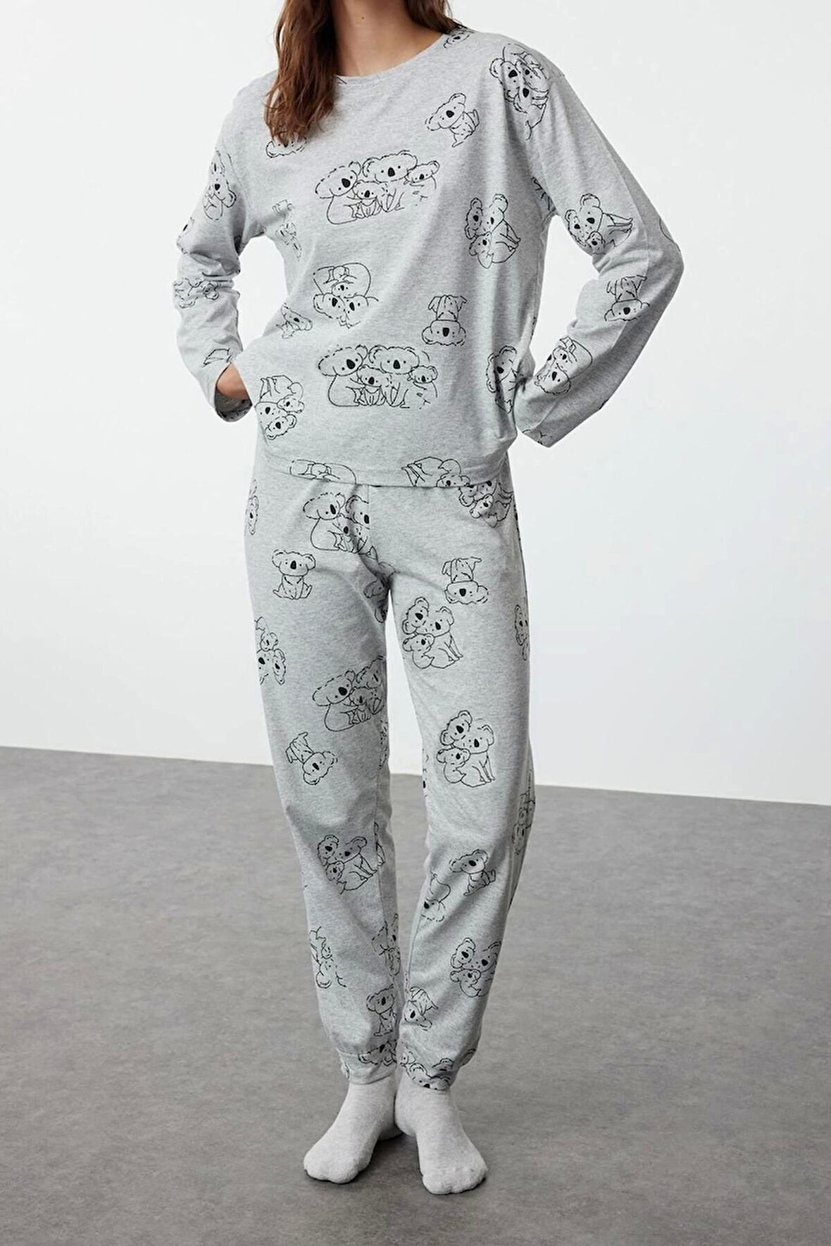 Kadın Pamuklu Bisiklet Yaka Uzun Kol Pamuklu Hayvan Desenli Örme Pijama Takımı