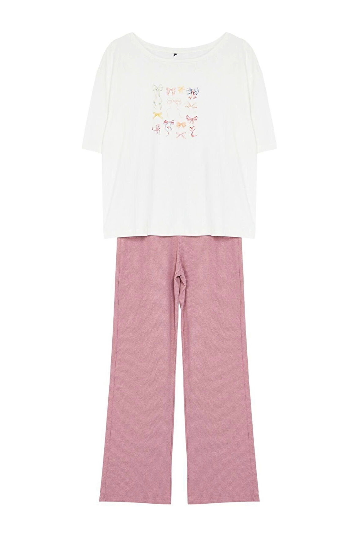 Kadın Polyester Bisiklet Yaka Kısa Kol Kurdele Baskılı Üst Süprem Alt Kaşkorse Örme Pijama Takımı