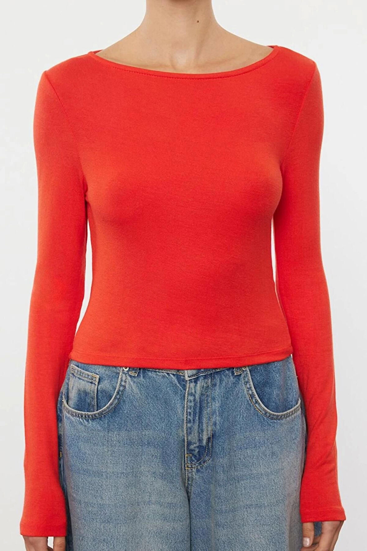 Kadın Moda Şık Üst Giyim Regular Kayık Yaka Slim Kalıp Örme Vücuda Oturan Boy Bluz