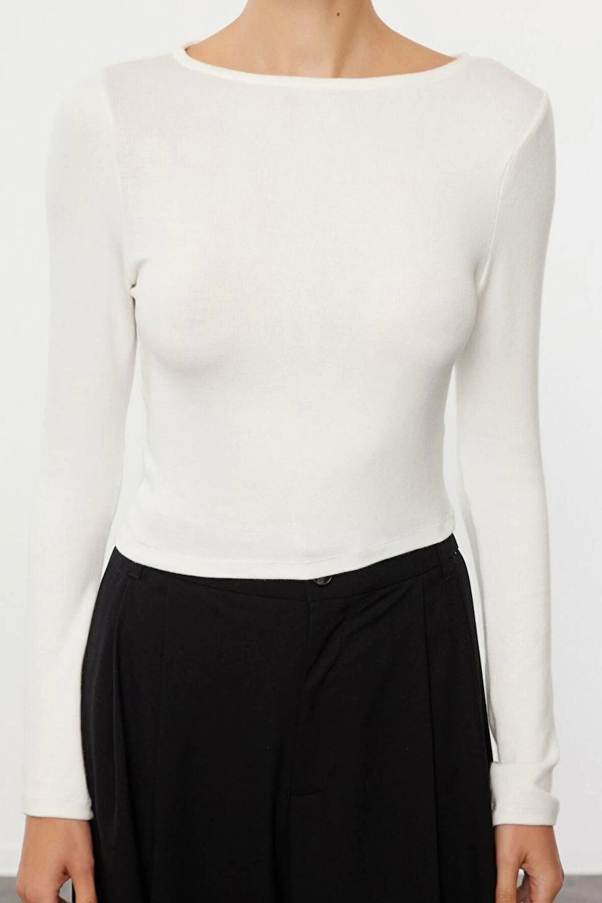 Kadın Moda Şık Üst Giyim Regular Kayık Yaka Slim Kalıp Örme Vücuda Oturan Boy Bluz