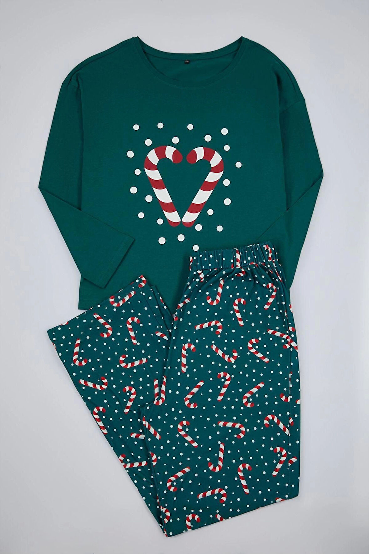 Kadın Moda Şık Büyük Beden Bisiklet Yaka Geniş Paça Uzun Kol Yılbaşı Temalı Örme Pijama Takımı