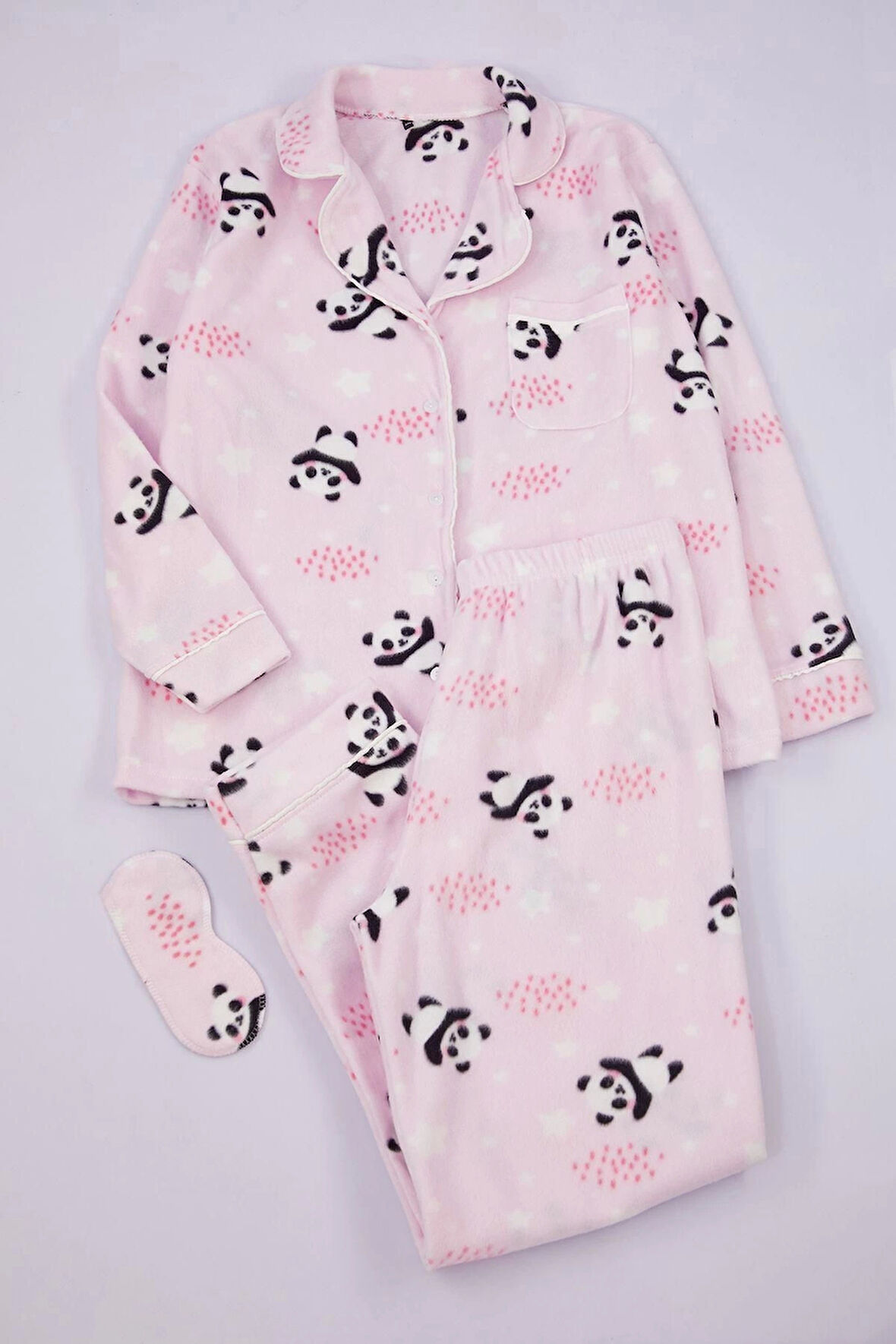Kadın Moda Şık Büyük Beden Gömlek Yaka Dar Paça Uzun Kol Panda Desenli Örme Pijama Takımı