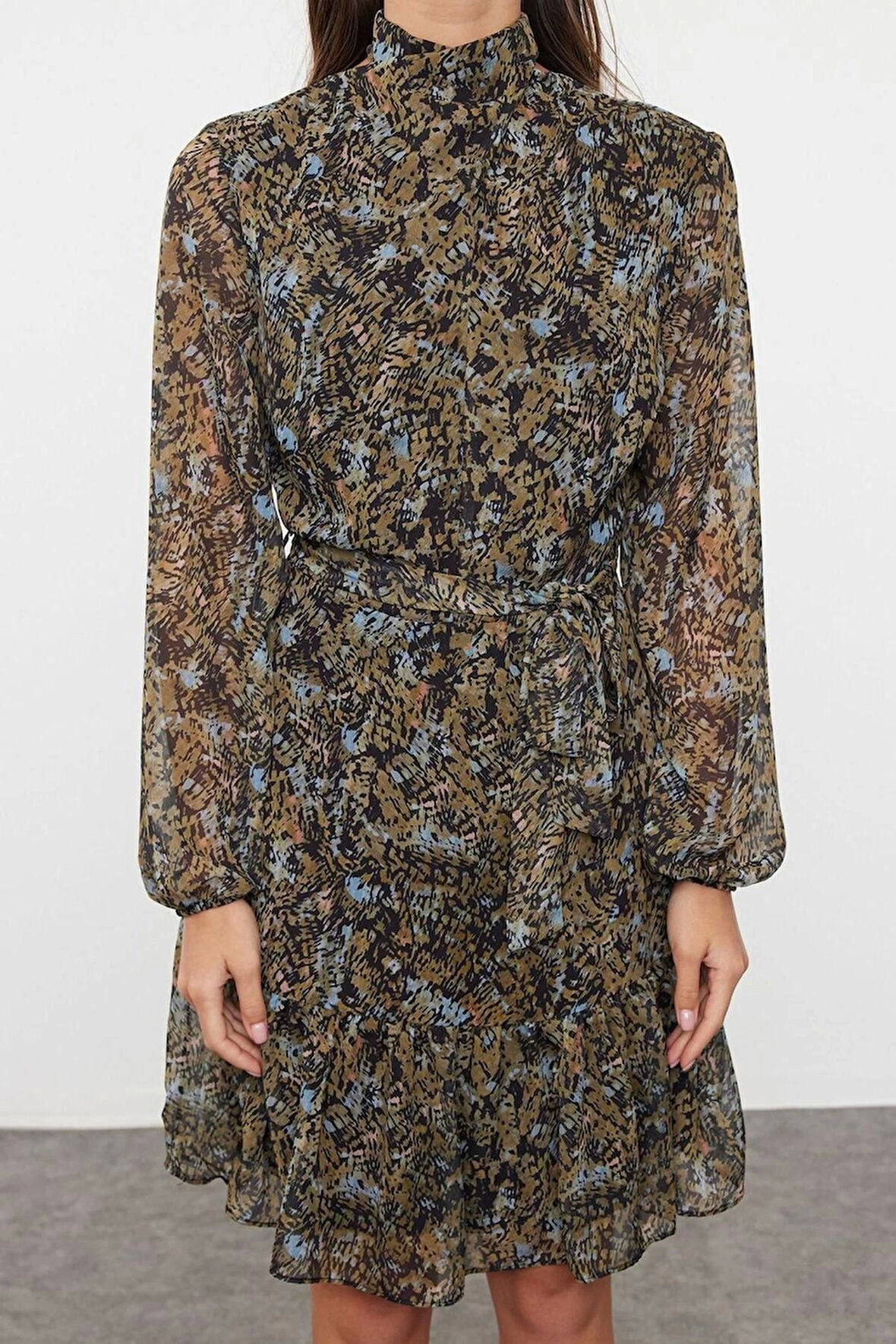 Kadın Moda Şık Mini Boy Dik Yaka Regular Çiçekli Dokuma Kışlık Elbise