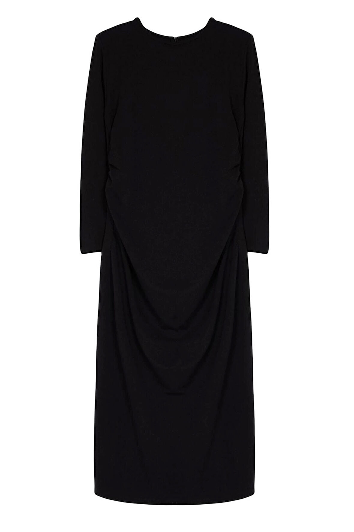 Kadın Moda Şık Büyük Beden Maxi Boy Bisiklet Yaka Slim Büzgü Detaylı Shift Örme Büyük Beden Elbise