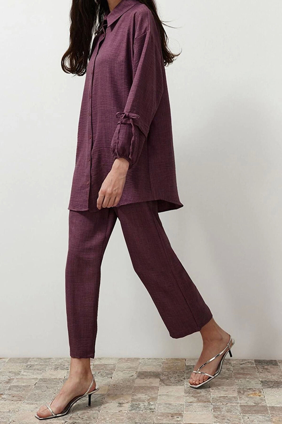 Kadın Moda Şık Regular Boy Uzun Kollu Keten Görünümlü Dokuma Alt-Üst Takım