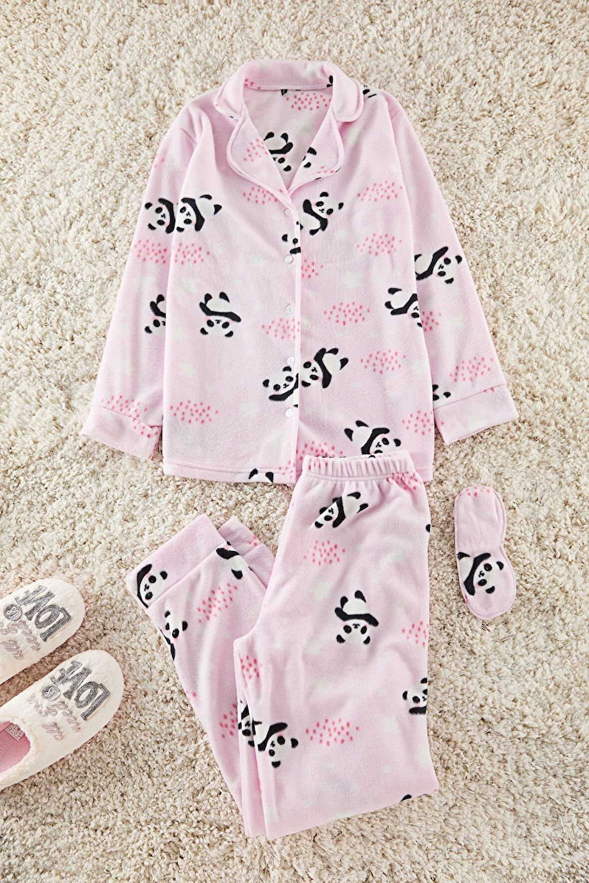 Kadın Moda Ceket Yaka Boru Paça Uzun Kol Panda Desenli Uyku Bantlı Polar Kışlık Örme Pijama Takımı